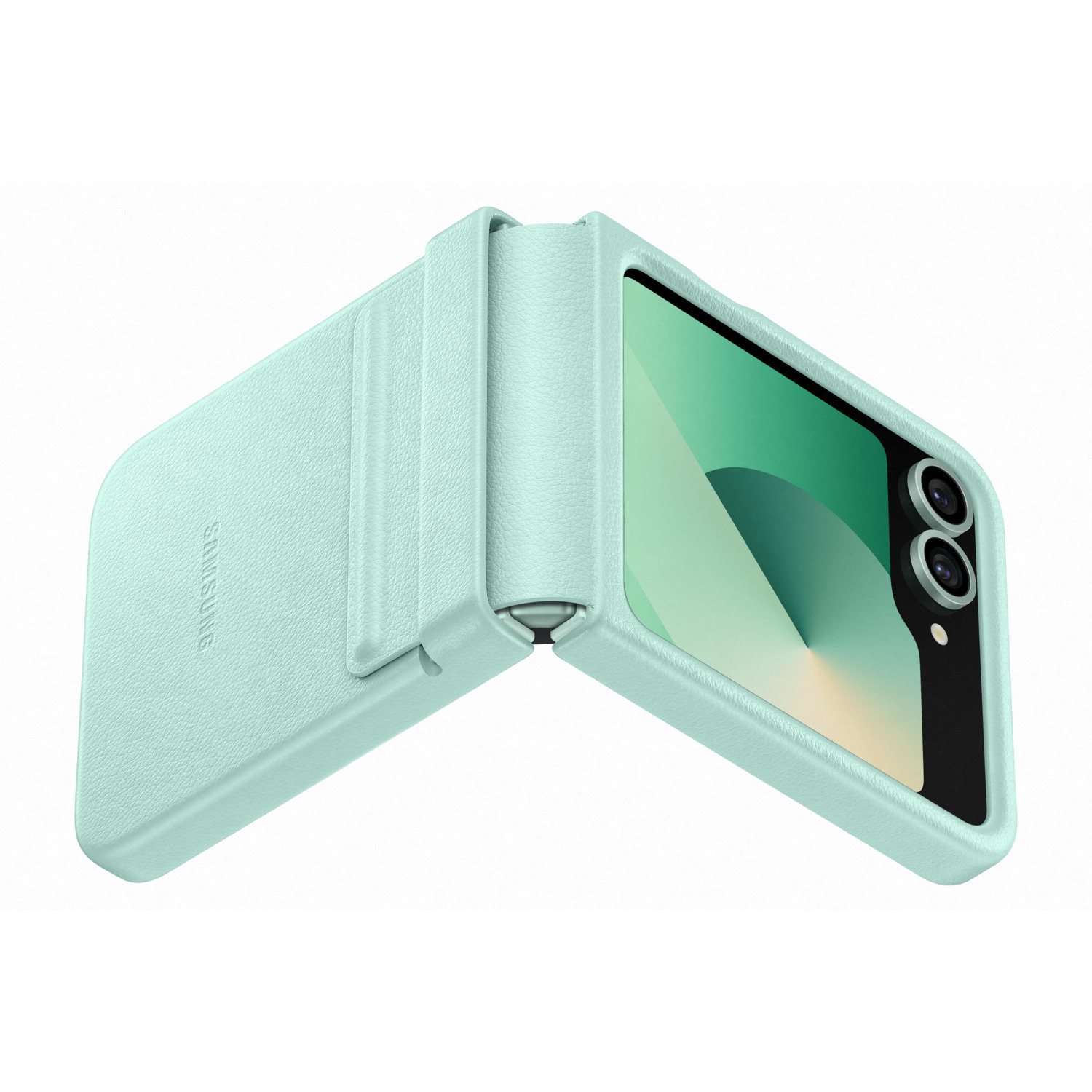 Étui de téléphone en cuir bleu clair, partiellement ouvert. Révèle un écran de téléphone vert menthe.