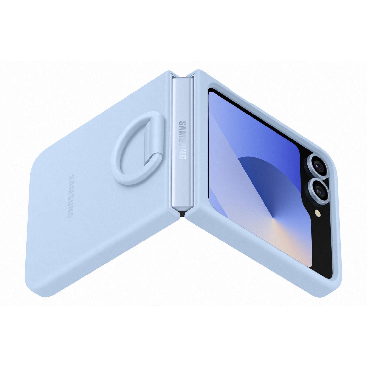Blauwe Galaxy Z Fold6 case, open, met lichtblauw Samsung logo aan de achterkant.