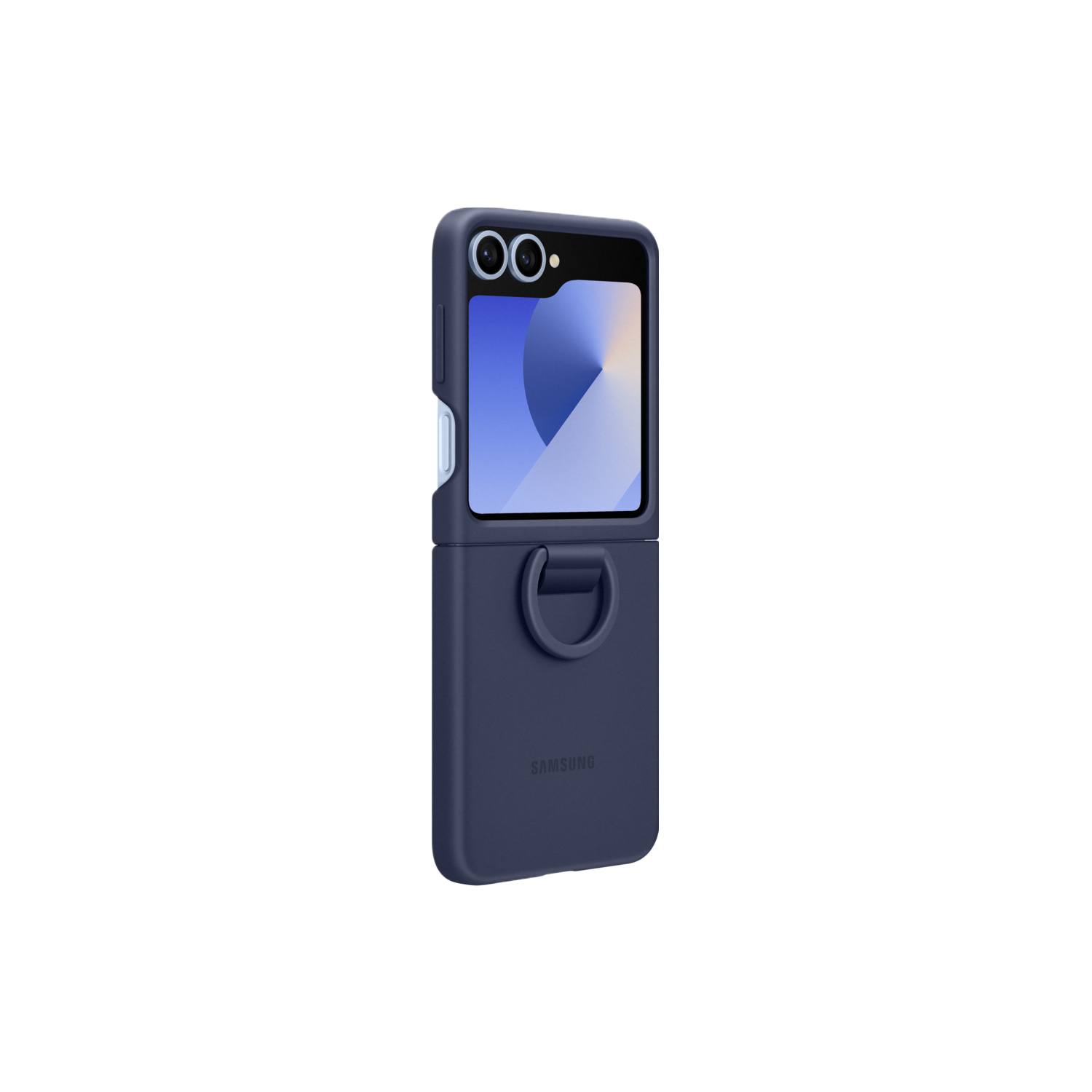 Coque de téléphone bleue ouverte, avec un support d'anneau. Fond noir.