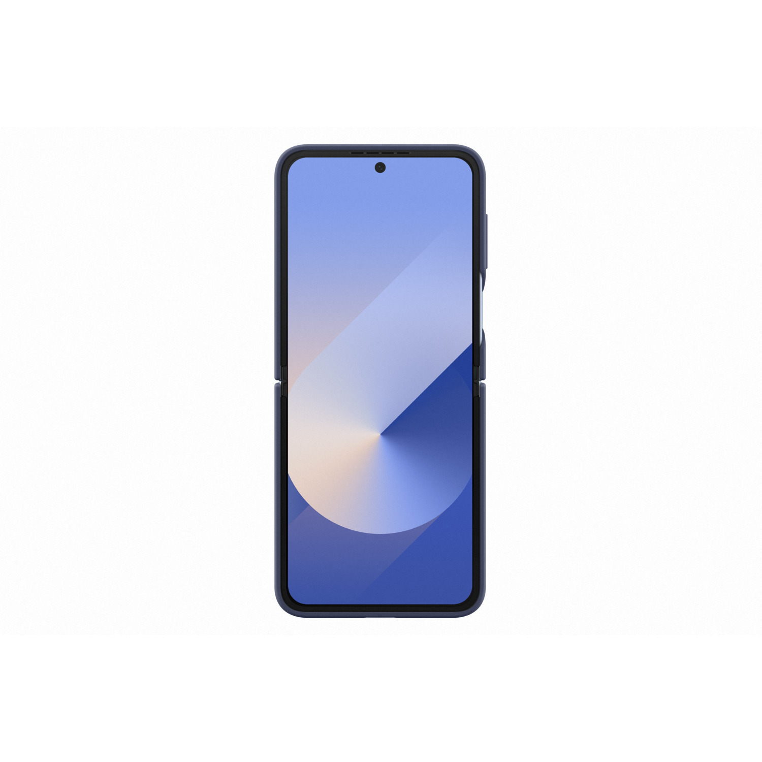Un téléphone bleu foncé fermé, avec l'écran affichant un motif bleu et blanc.