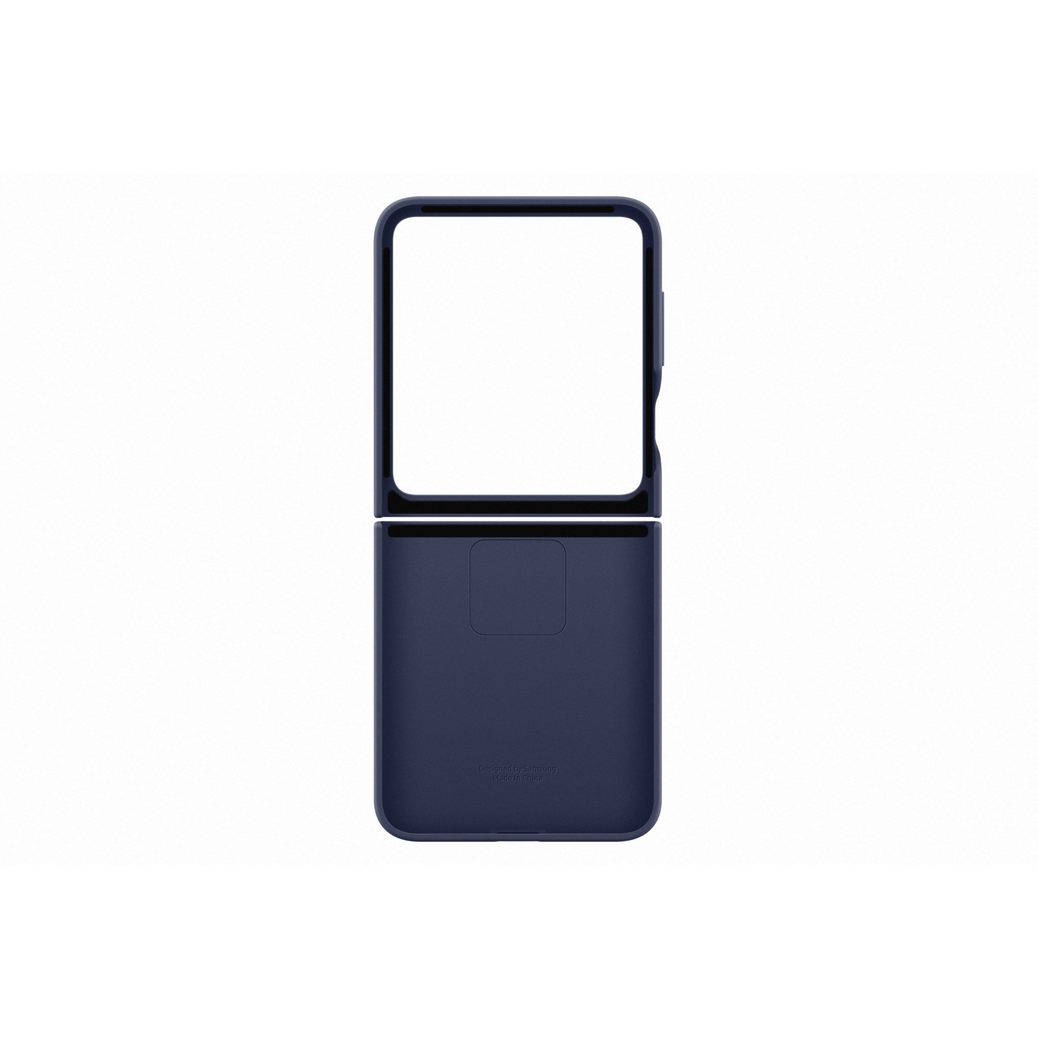 Housse de téléphone pliable, bleu foncé. Ouverte et fermée. Fond blanc.