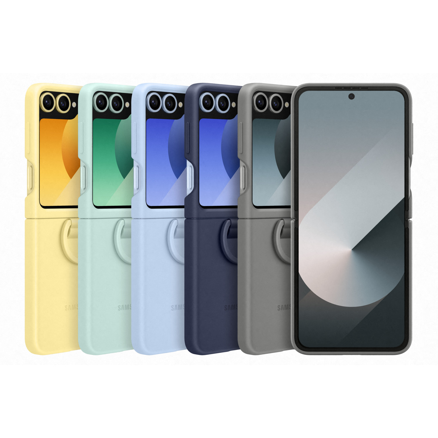 Cinq étuis de téléphone colorés sur fond blanc.