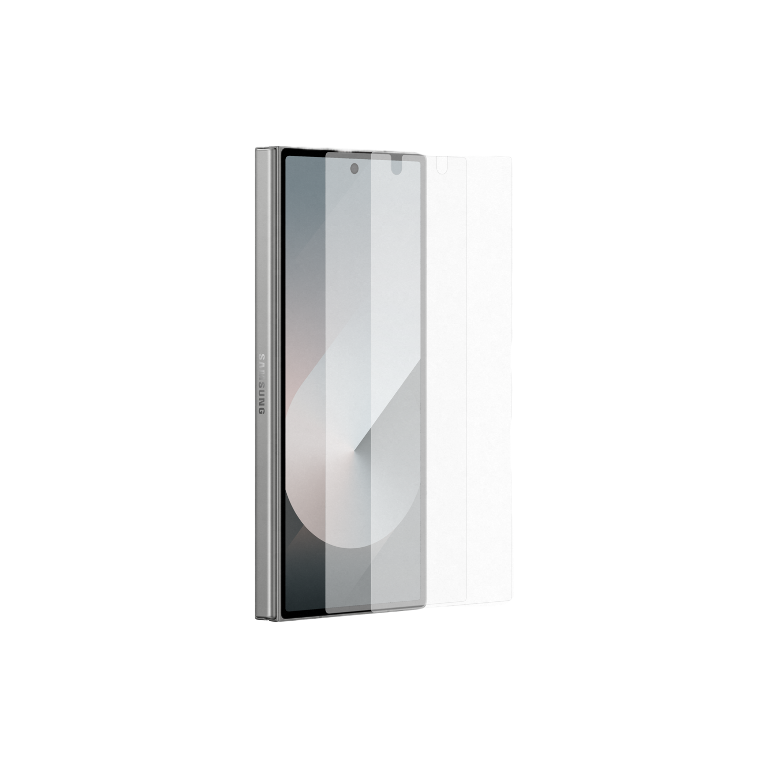 Een zilveren telefoon, open, op een zwarte achtergrond. Het scherm toont een grijs en wit ontwerp.