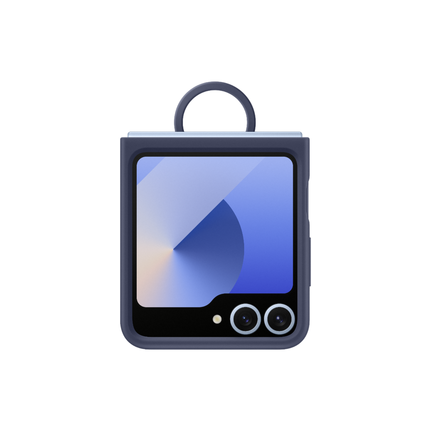 A blue phone case with a screen showing a colorful image.