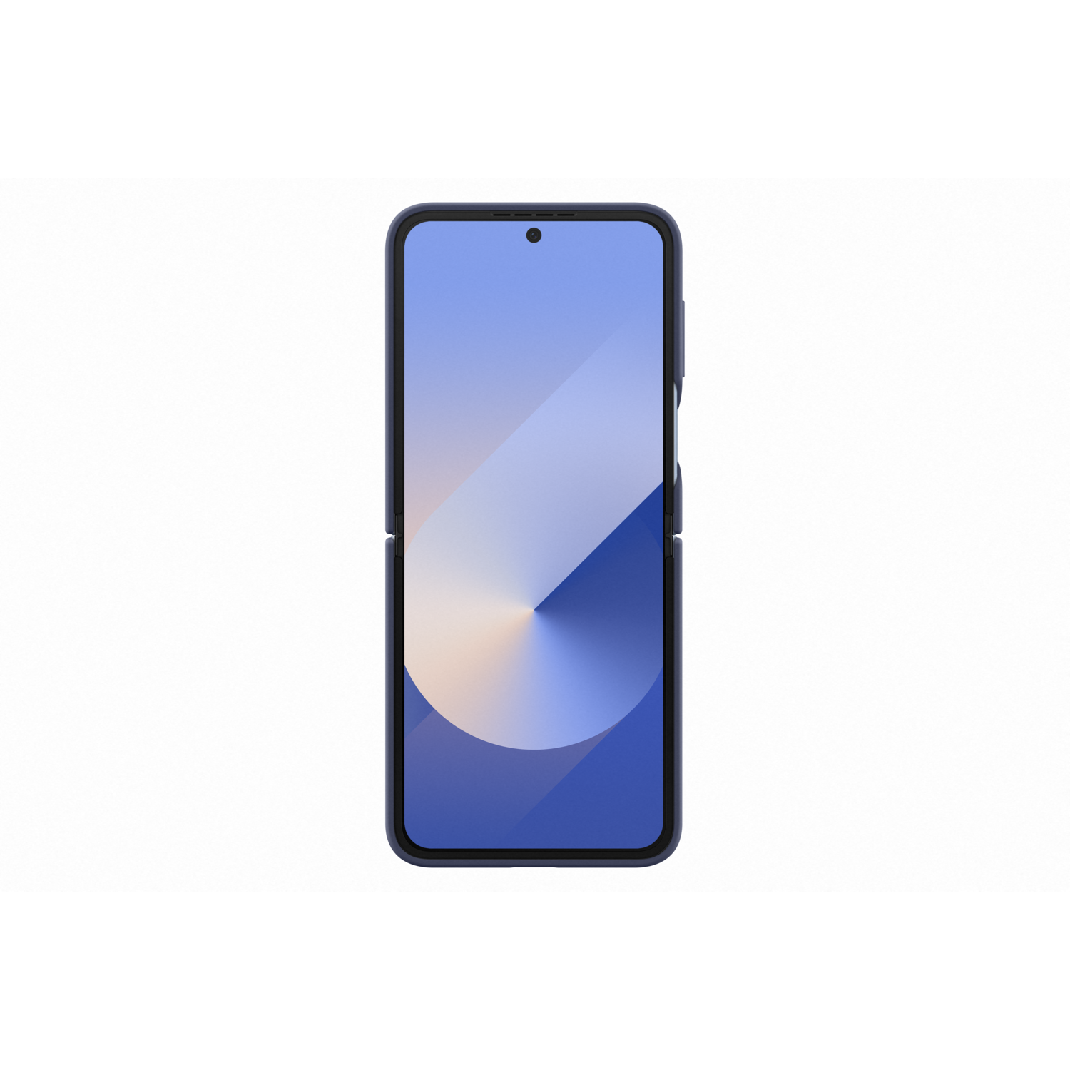 A Samsung Galaxy Z Flip6, folded. The phone is navy blue and has a blue screen.