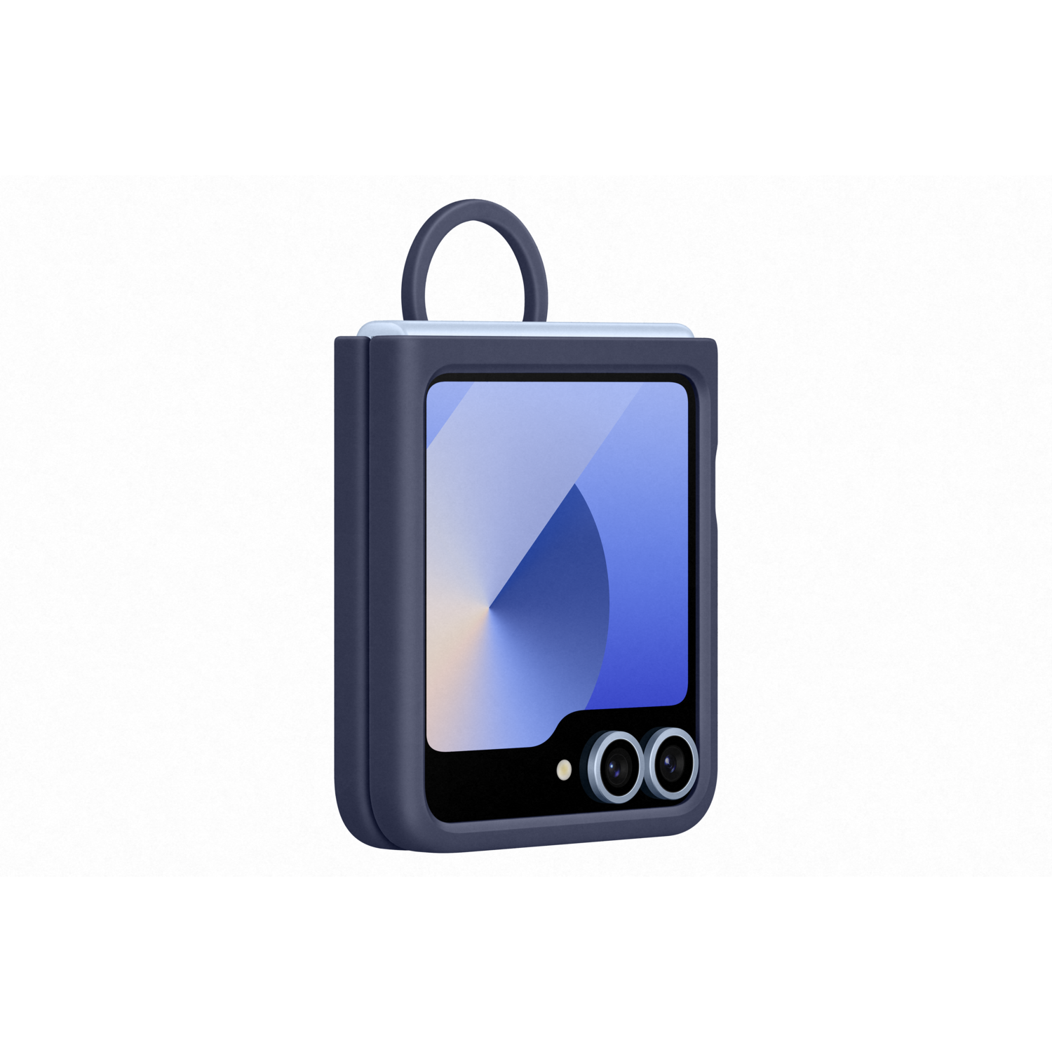 Blue folding phone with a ring, open, with two cameras, black background, showing the screen.