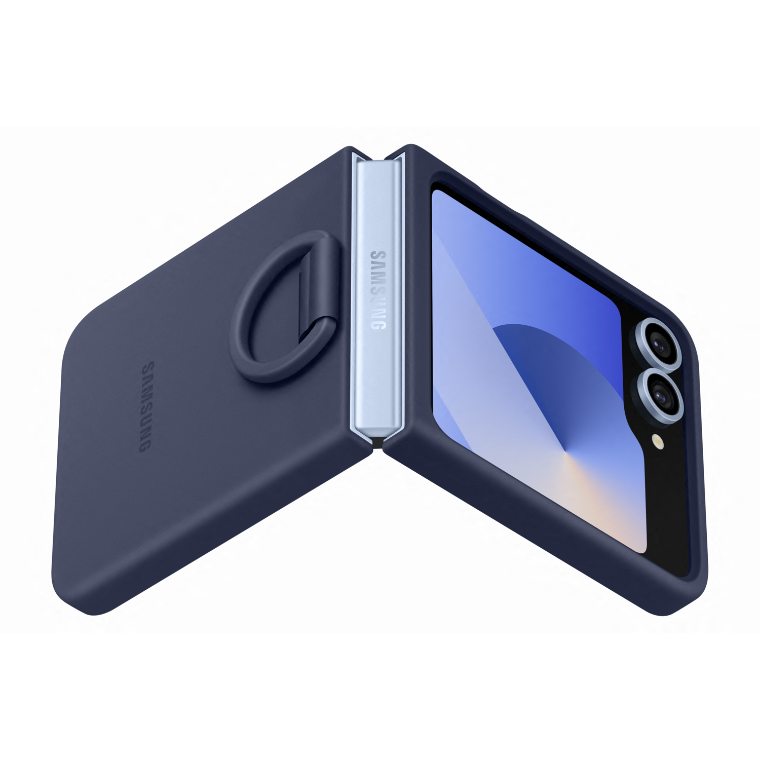 Blue foldable phone with a ring grip, open, white background.