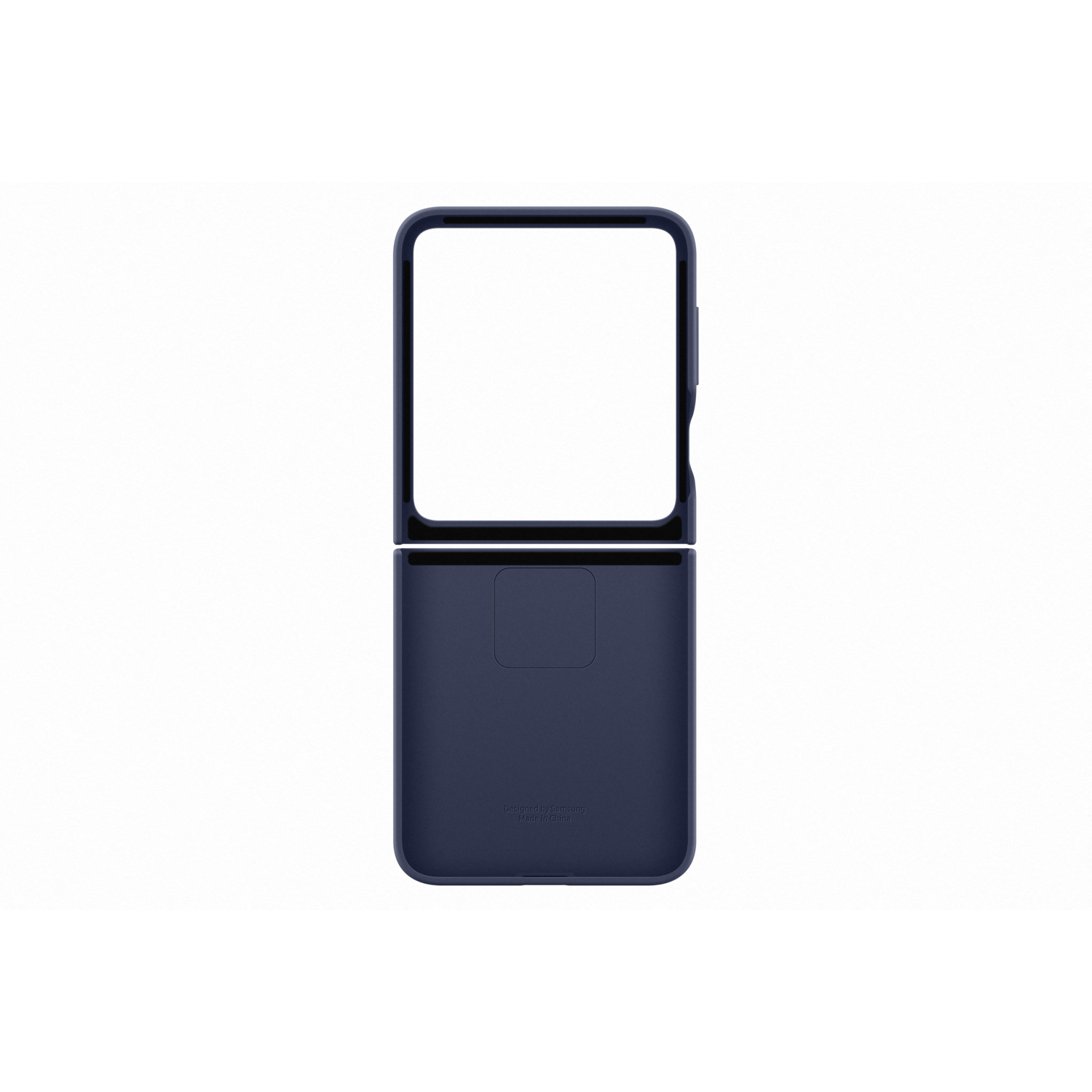 Foldable phone case, blue, open. The phone is not in it. Rectangle with a small cutout.
