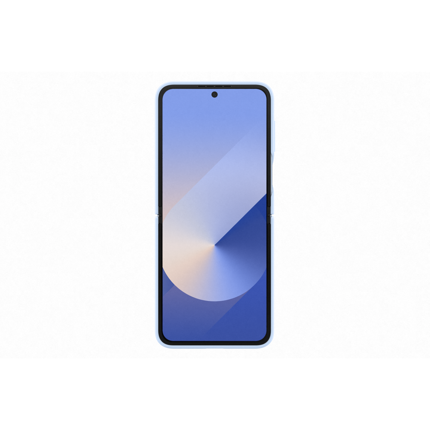 A blue Samsung Galaxy Z Flip6 phone is upright. The screen shows a light blue and white display.