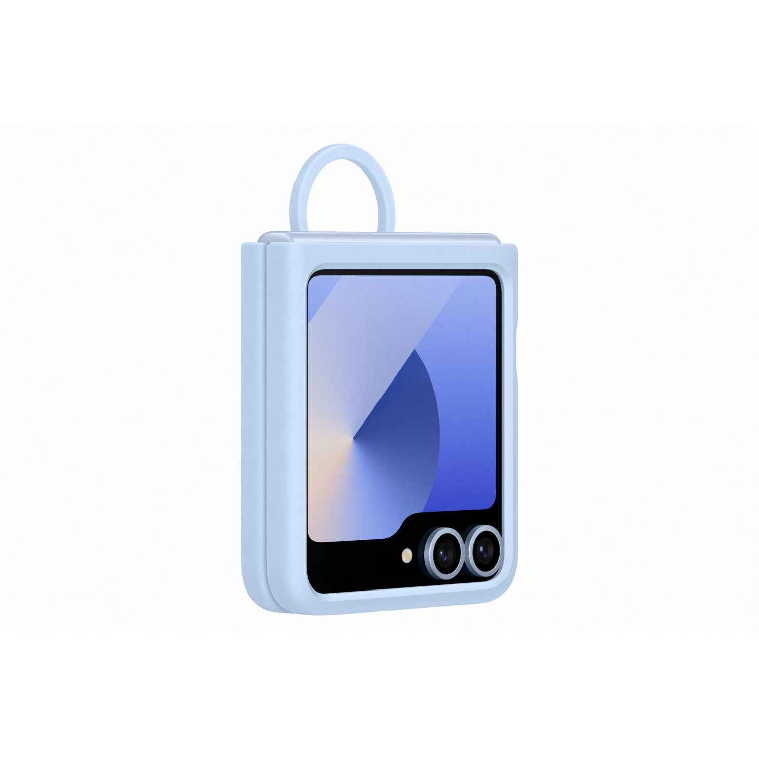 Light blue phone case. Foldable phone inside. Two cameras and a ring on the top.