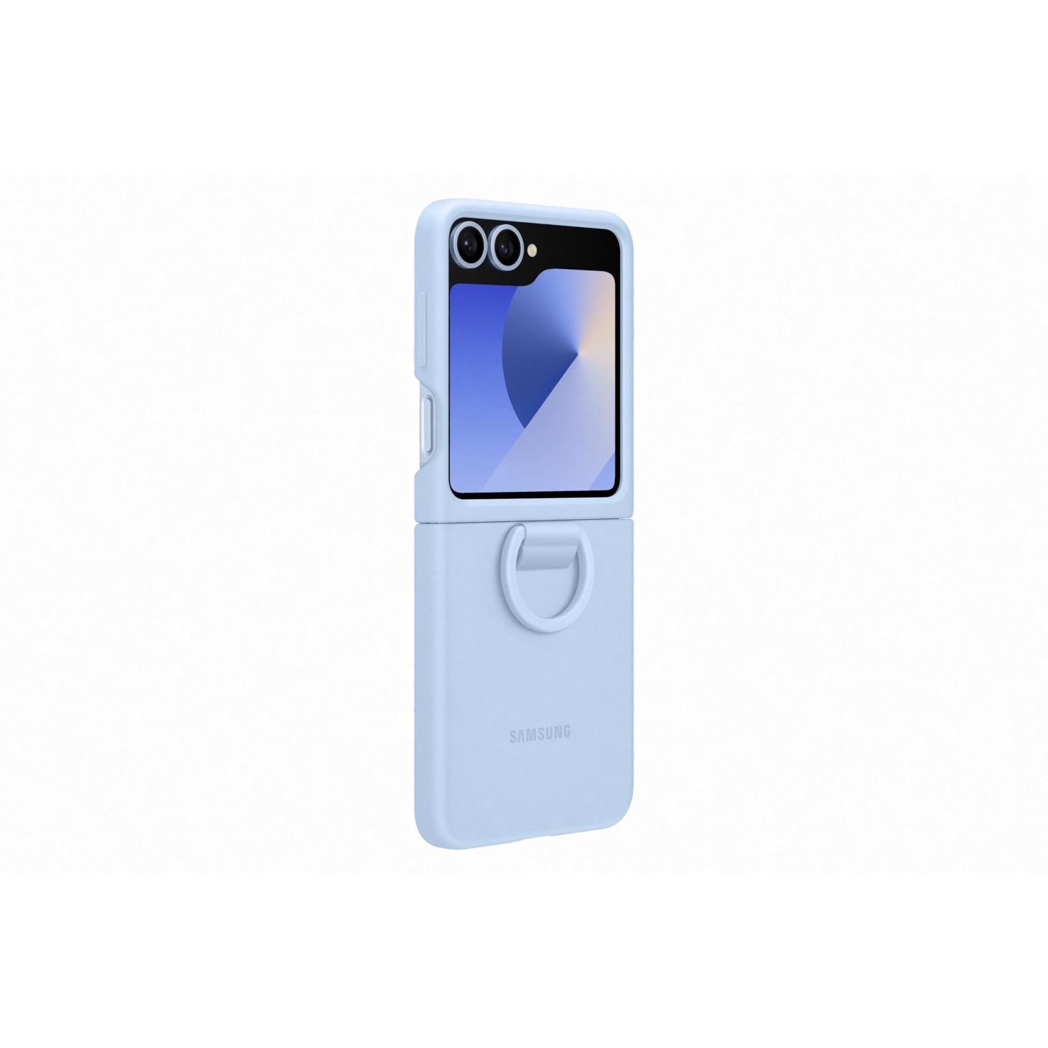 Light blue foldable phone in a blue case, open, on a white background.