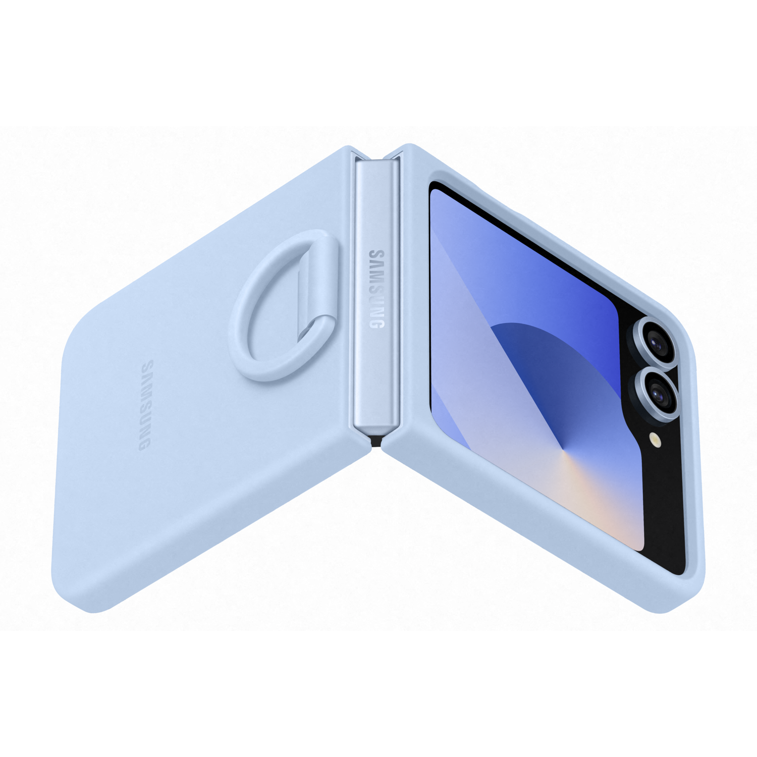 A light blue phone is open, showing a screen. The Samsung logo is visible.