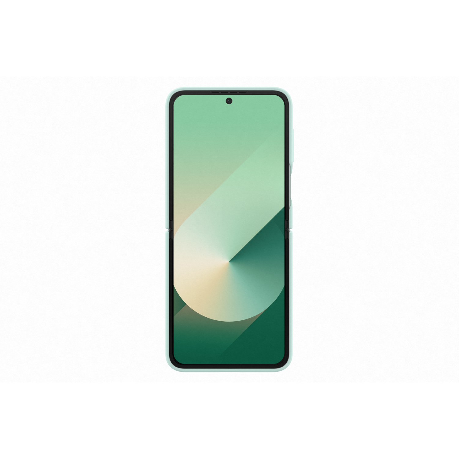 Closed, light green smartphone. Frame and case are light green. Black screen.