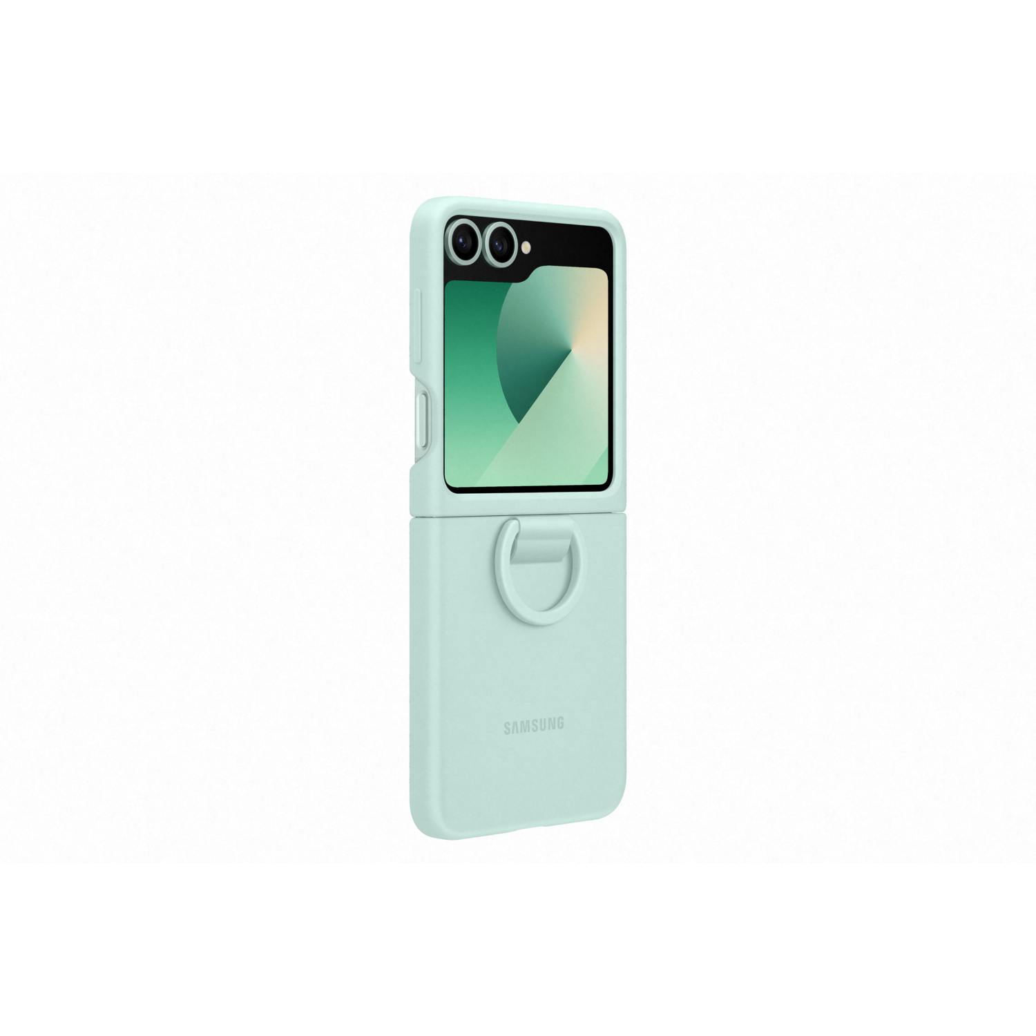 Foldable phone case, mint green, open. Phone screen is on. Ring on the bottom.