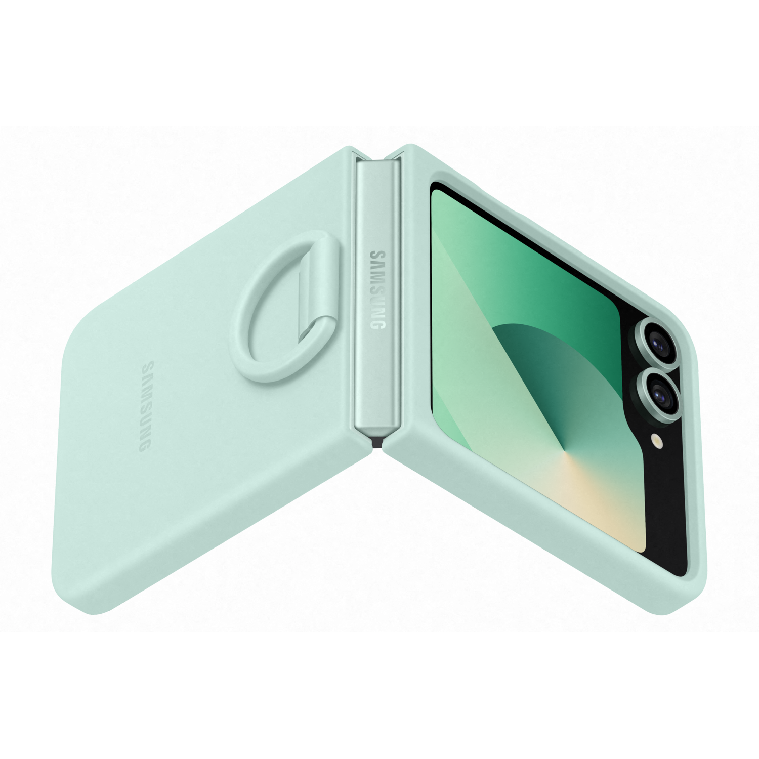 Mint green phone case with ring and Samsung branding. The phone is partially visible.