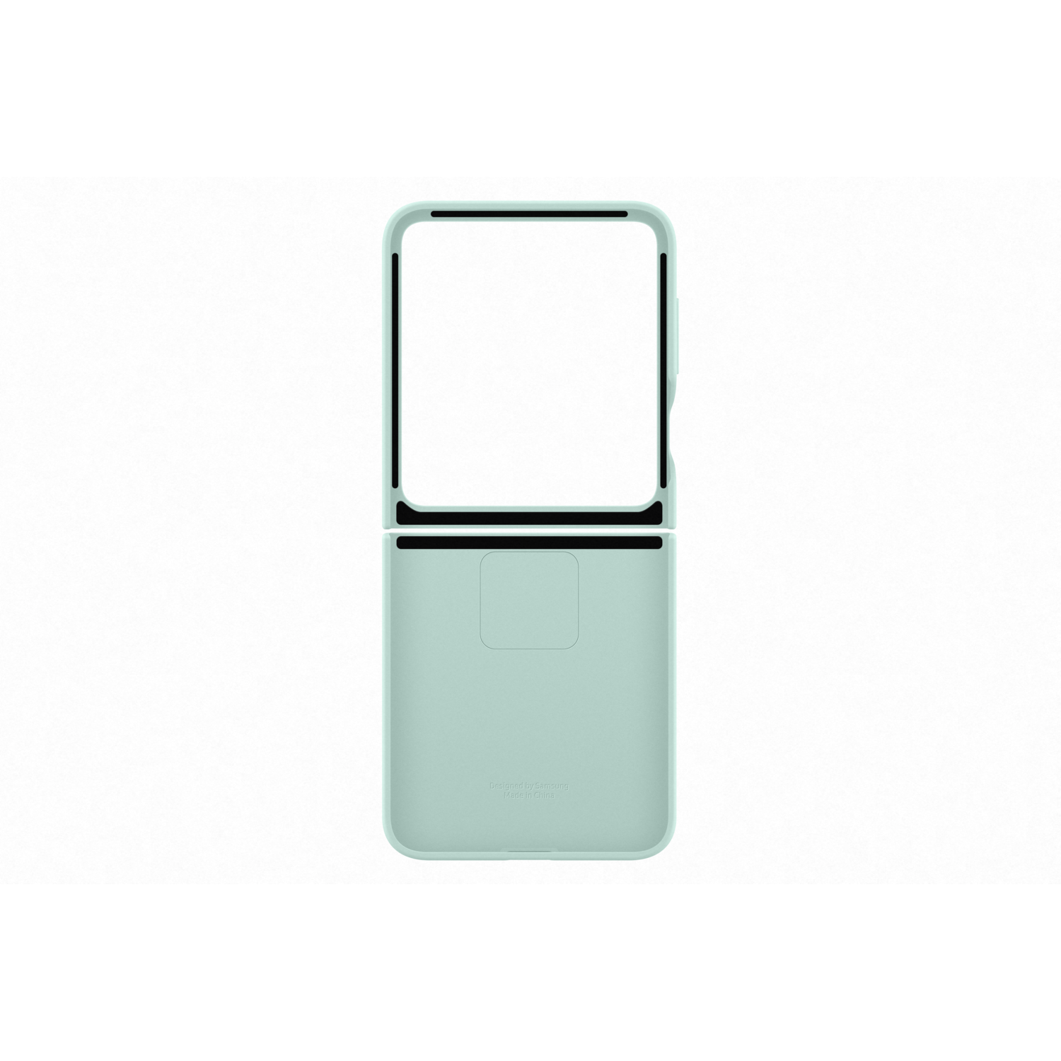 A light green phone case, open, with a white inner frame. The case is on a black background.