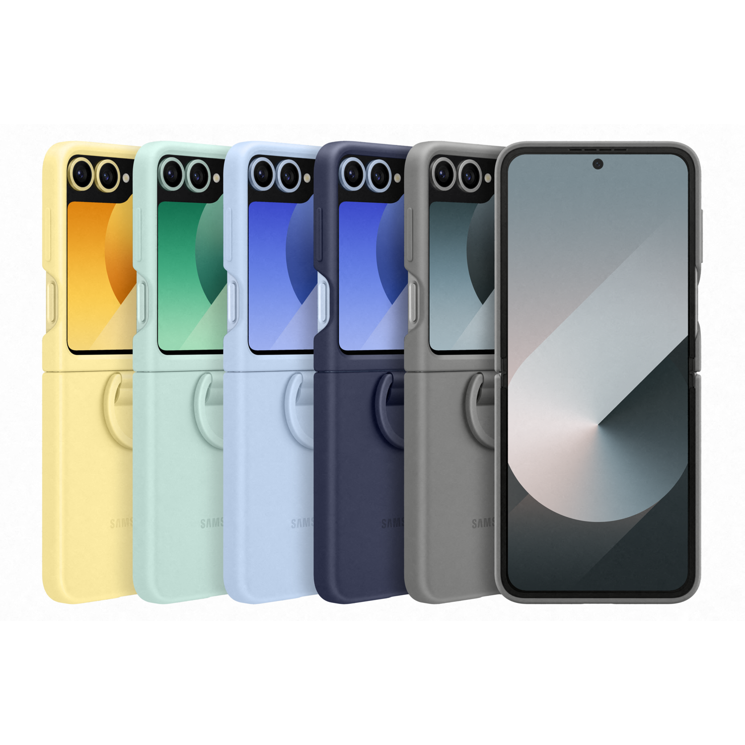 A row of six colorful phone cases. Each has a different color and a phone inside. White background.
