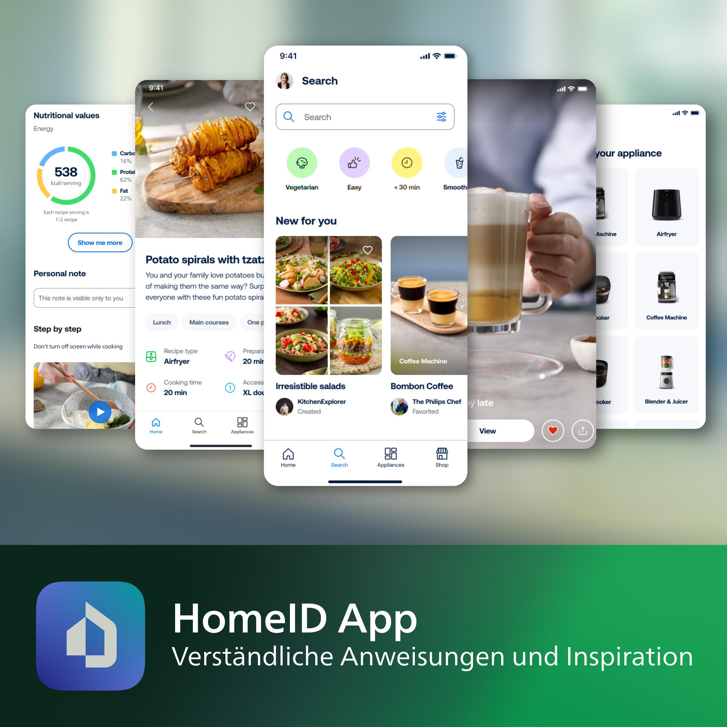 Mehrere Smartphone-Bildschirme, die die HomeID App mit Essensrezepten und Geräte-Steuerungen anzeigen.