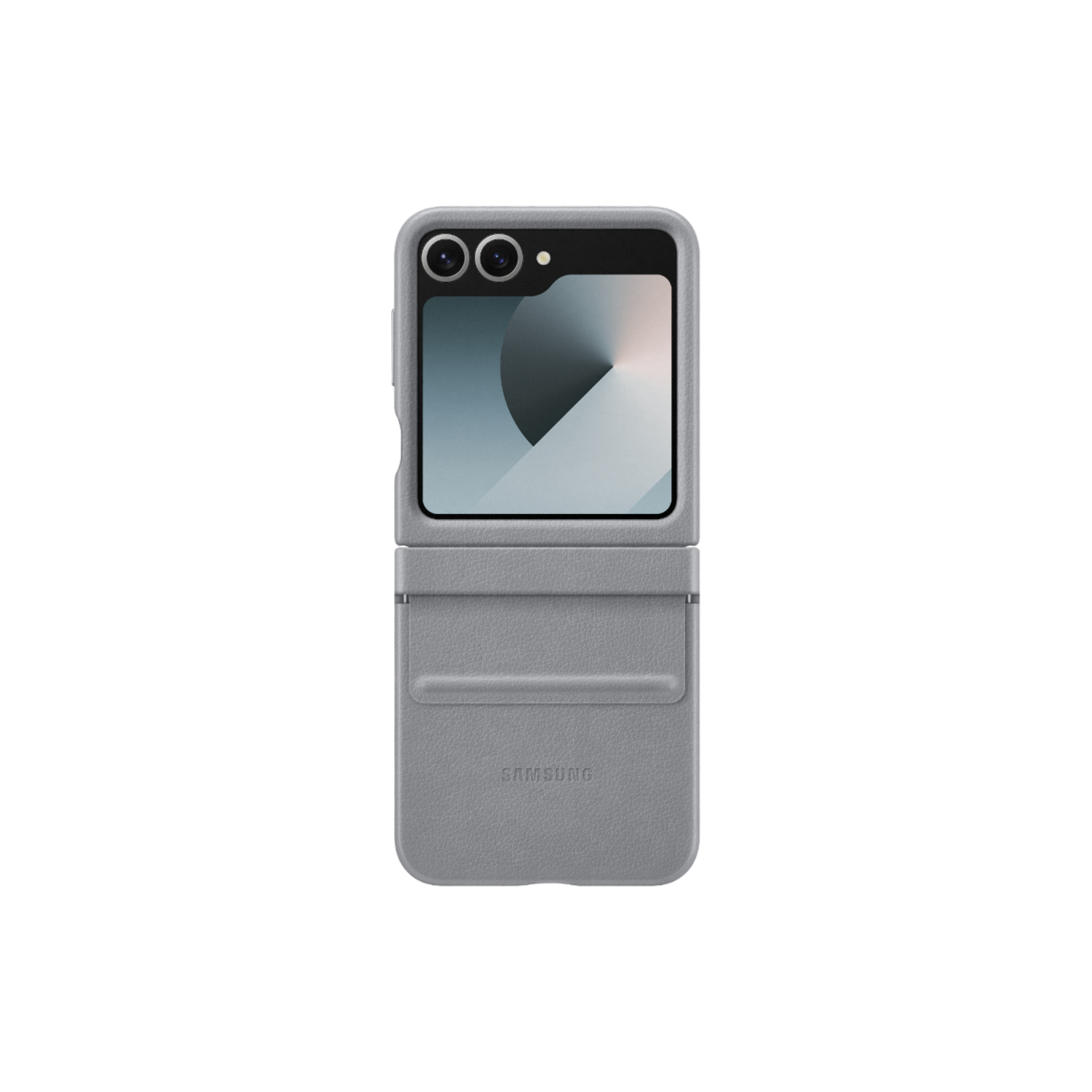 Een grijze telefoonhoes met een flip-ontwerp, open en toont het scherm.