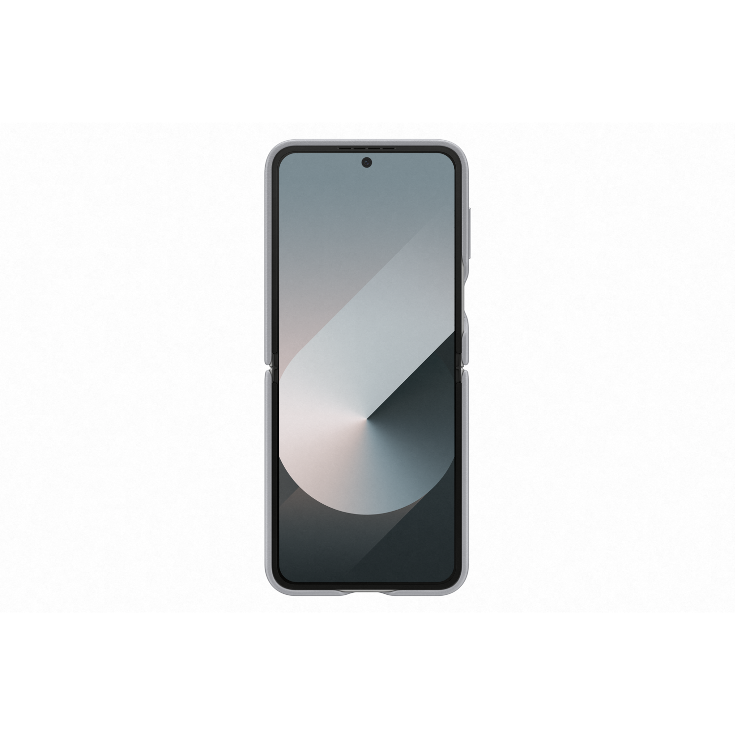 Een zilveren telefoon, open, op een zwarte achtergrond. Scherm toont een grijs en wit ontwerp.