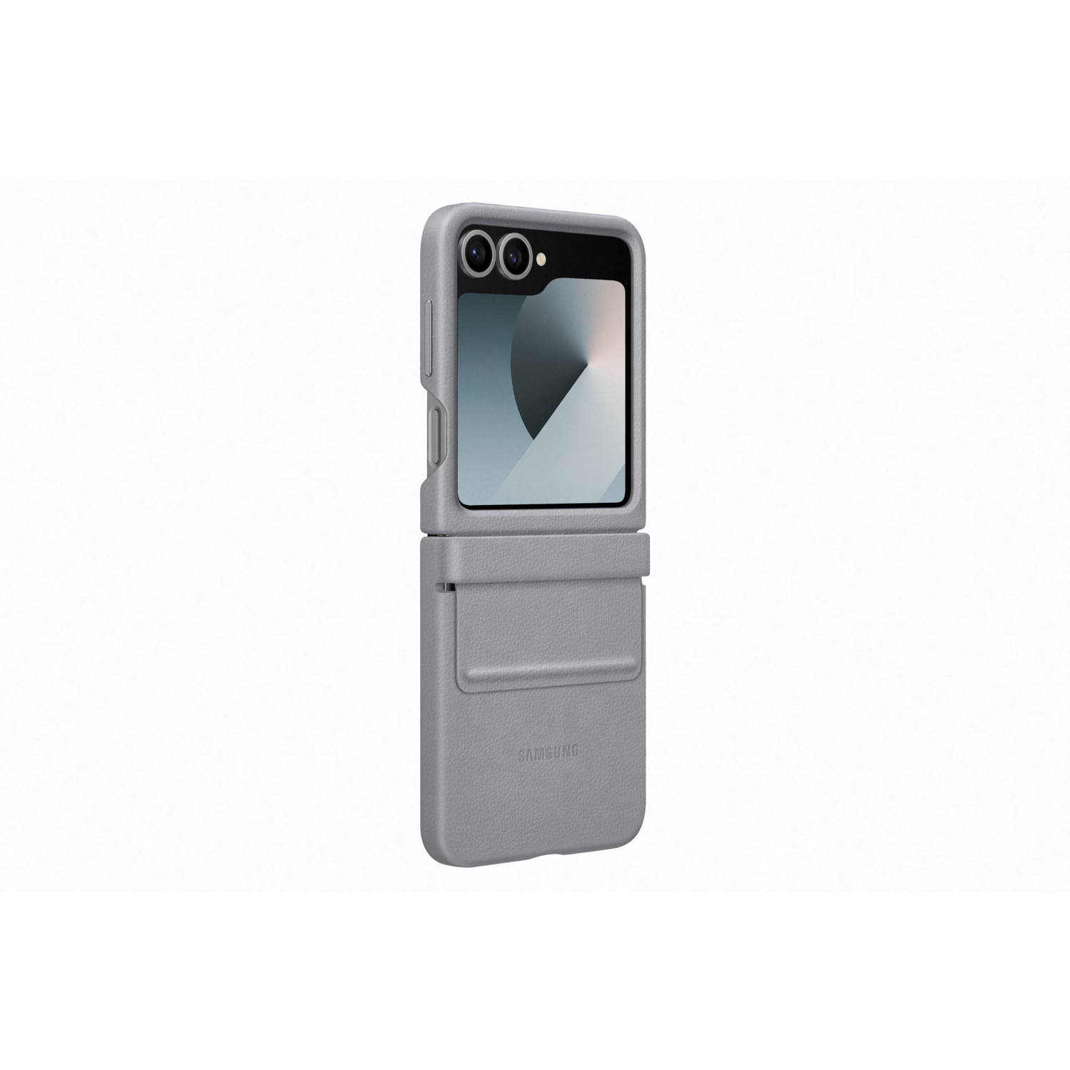 Grijze telefoonhoes, met de telefoon half open, toont het scherm. Witte achtergrond.
