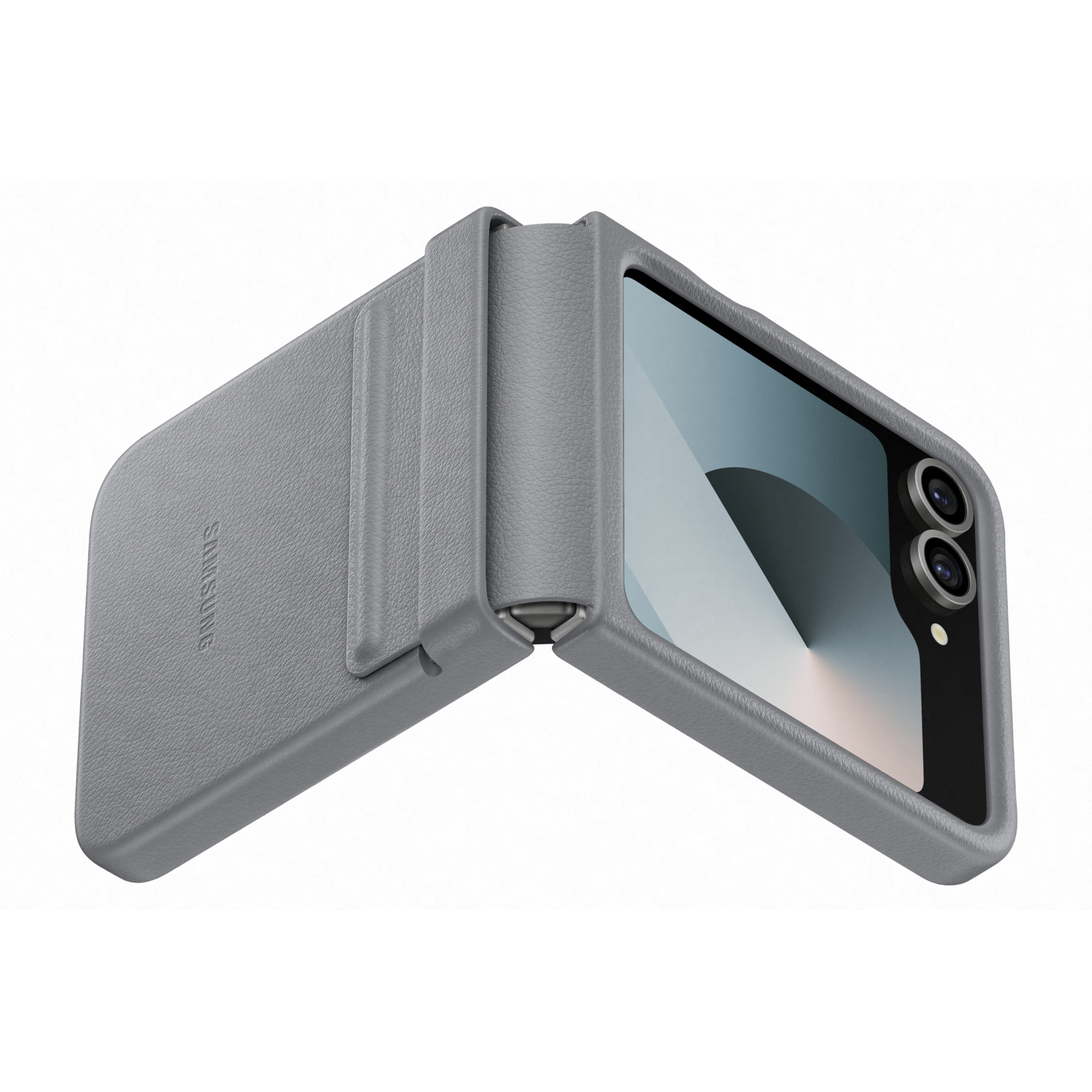 Een grijze telefoonhoes met een telefoon erin, opengeklapt om het scherm te tonen.