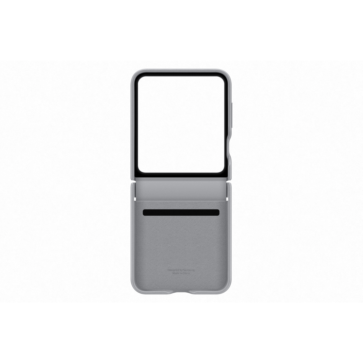 Een grijze telefoonhoes, open en naar boven gericht, toont het binnenframe van de telefoon tegen een witte achtergrond.