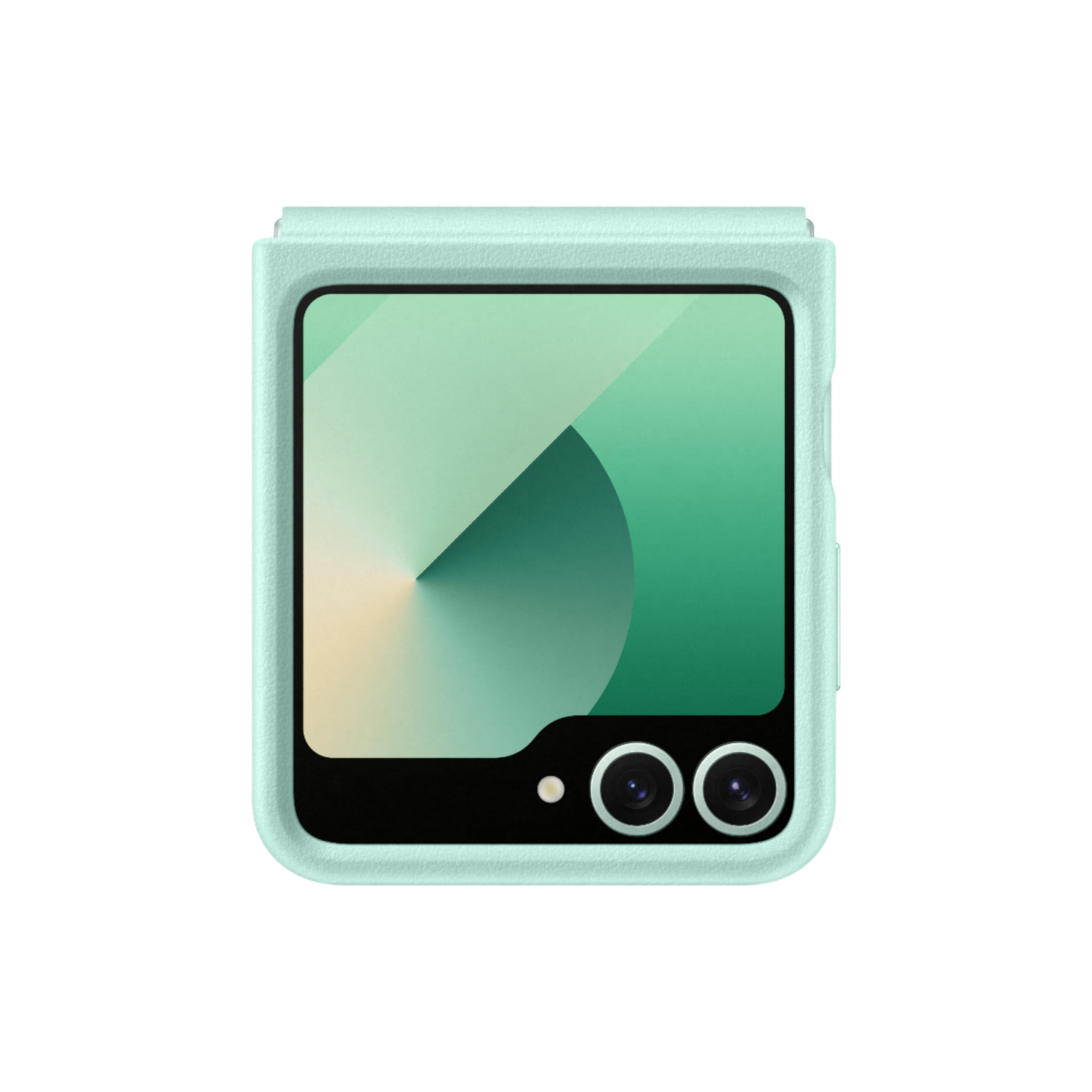 Mintgroene opvouwbare telefoon, open om het scherm te laten zien. Twee camera's achter.