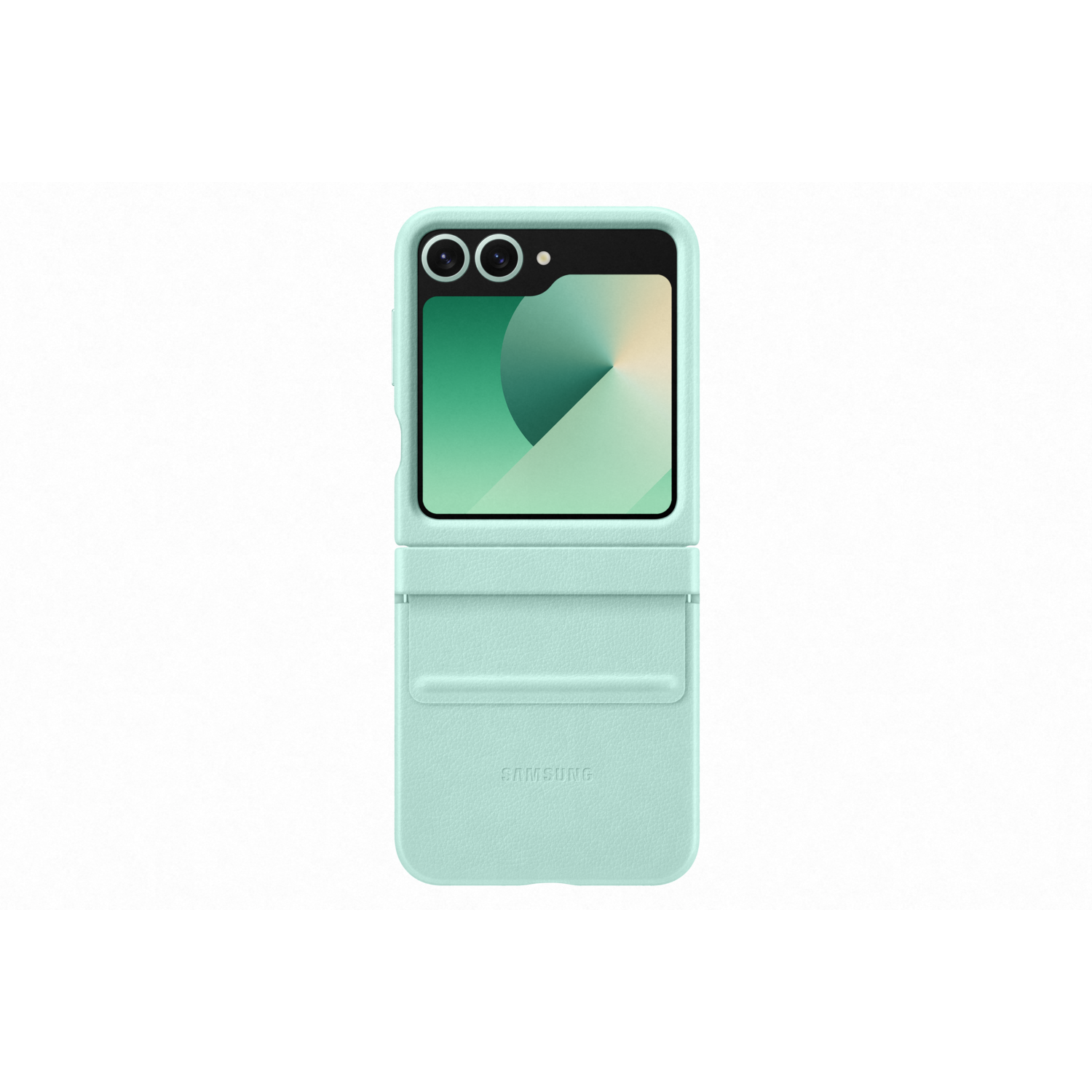Een lichtblauwe telefoonhoes, met een telefoon erin, met een gradiëntachtergrond, op een witte achtergrond.