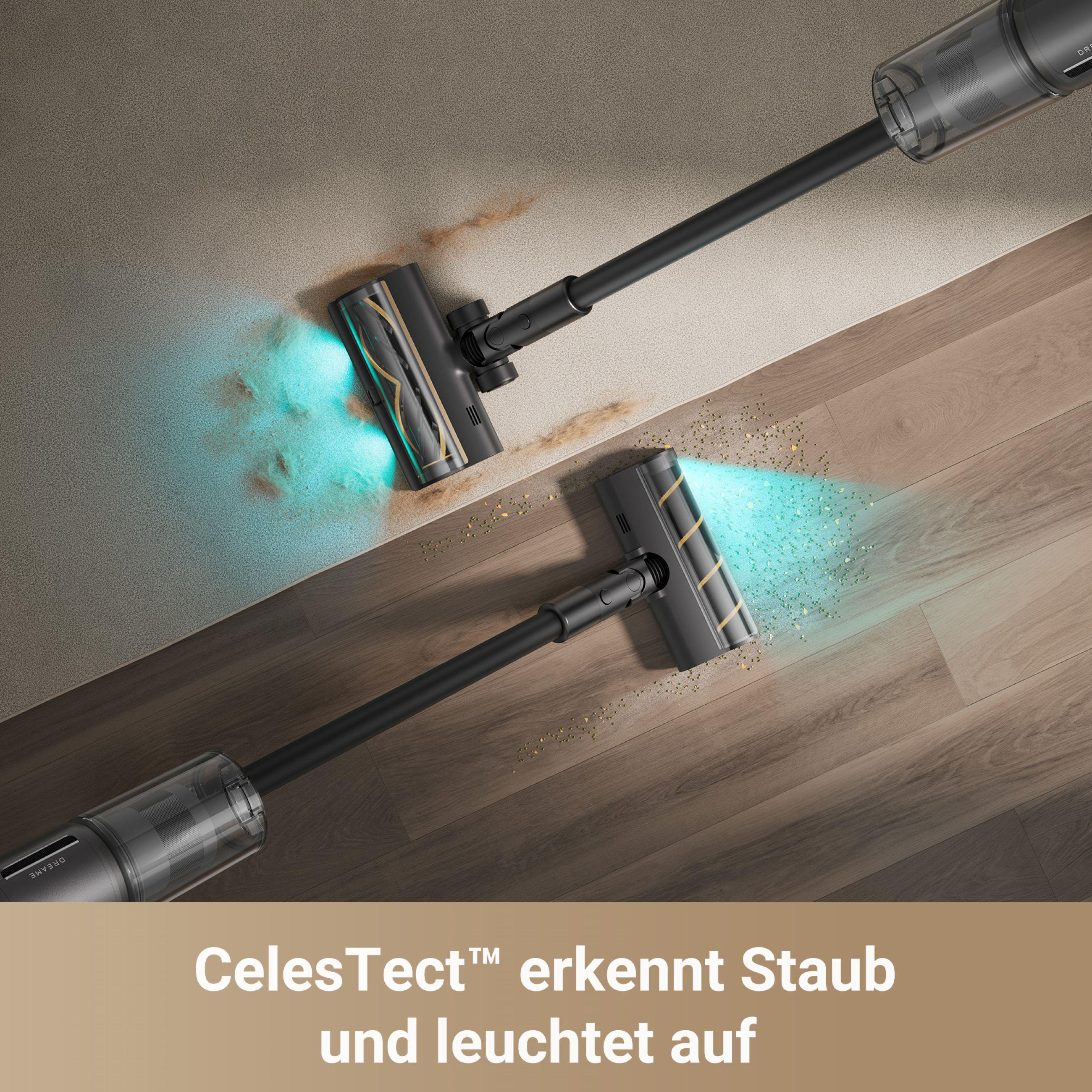 Zwei Staubsaugerköpfe, reinigen den Boden. Text: CelesTect erkennt Staub.