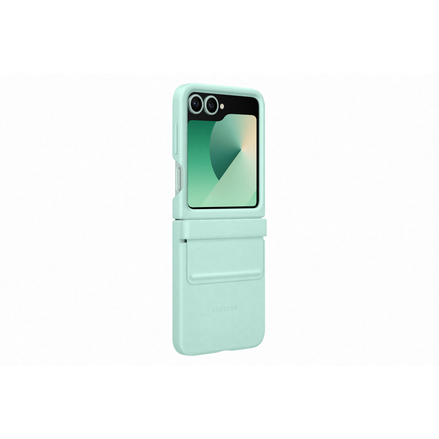 Mintgroene telefoonhoes, met een opvouwbare telefoon erin, tegen een witte achtergrond.