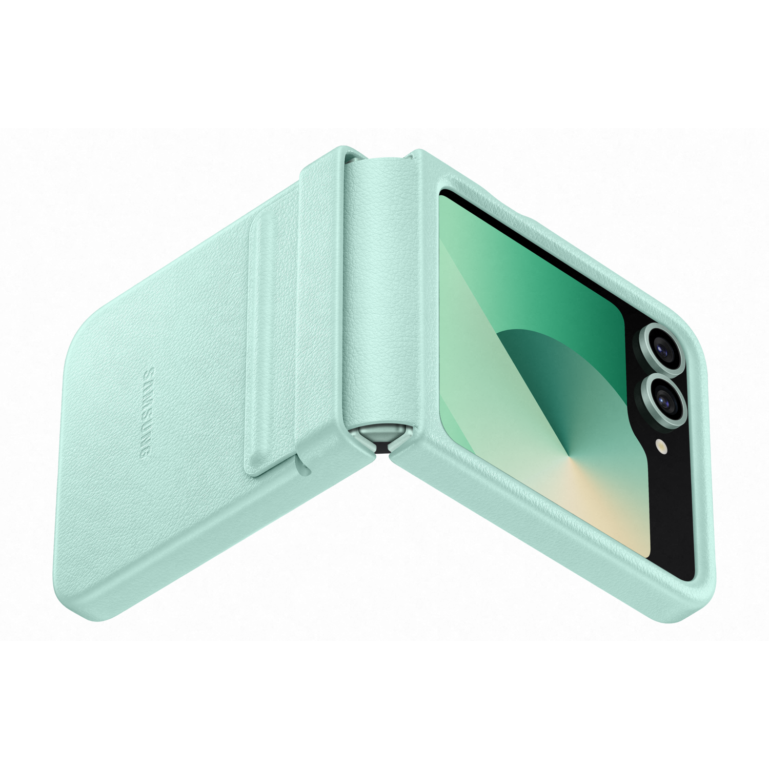Een groene telefoonhoes is open. Er zit een telefoon in. Het Samsung-logo is zichtbaar.