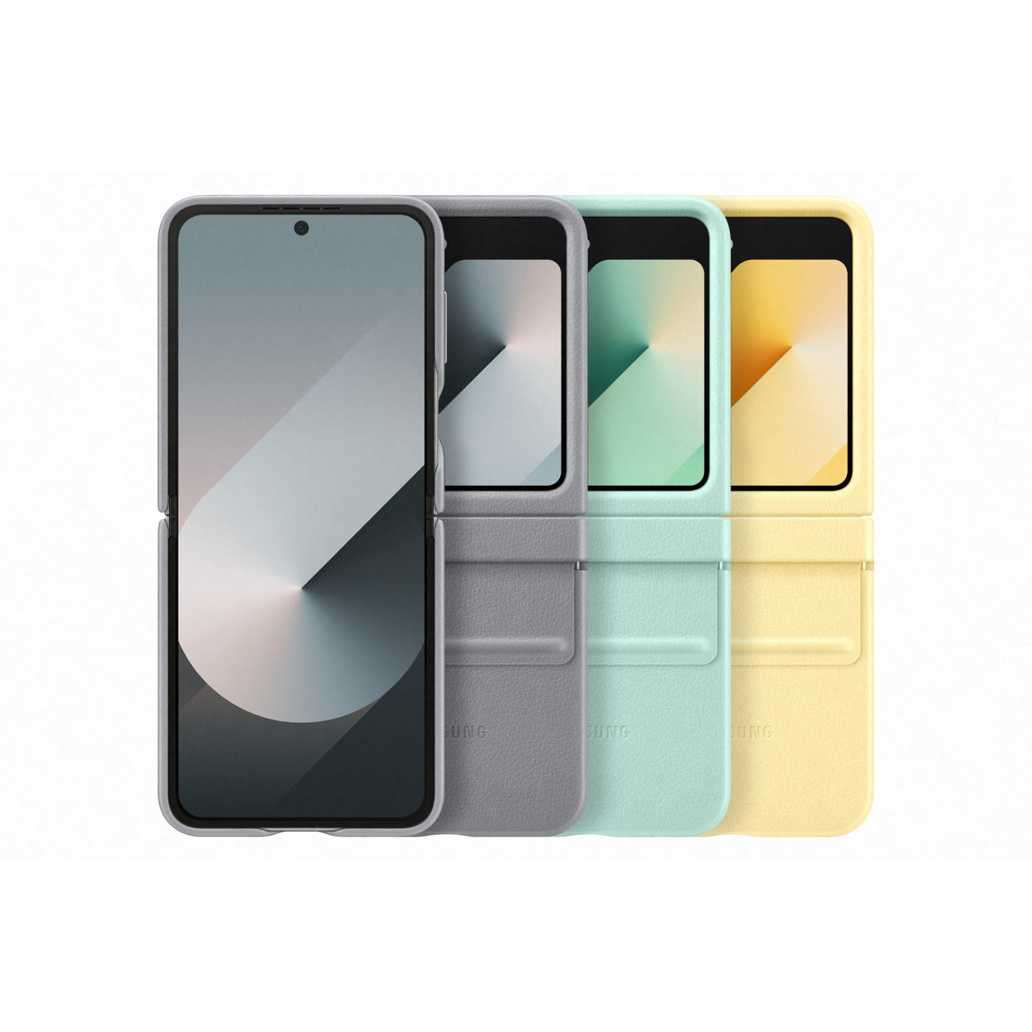 Drie opvouwbare telefoons in hoesjes: grijs, mintgroen en geel. Allemaal gesloten.
