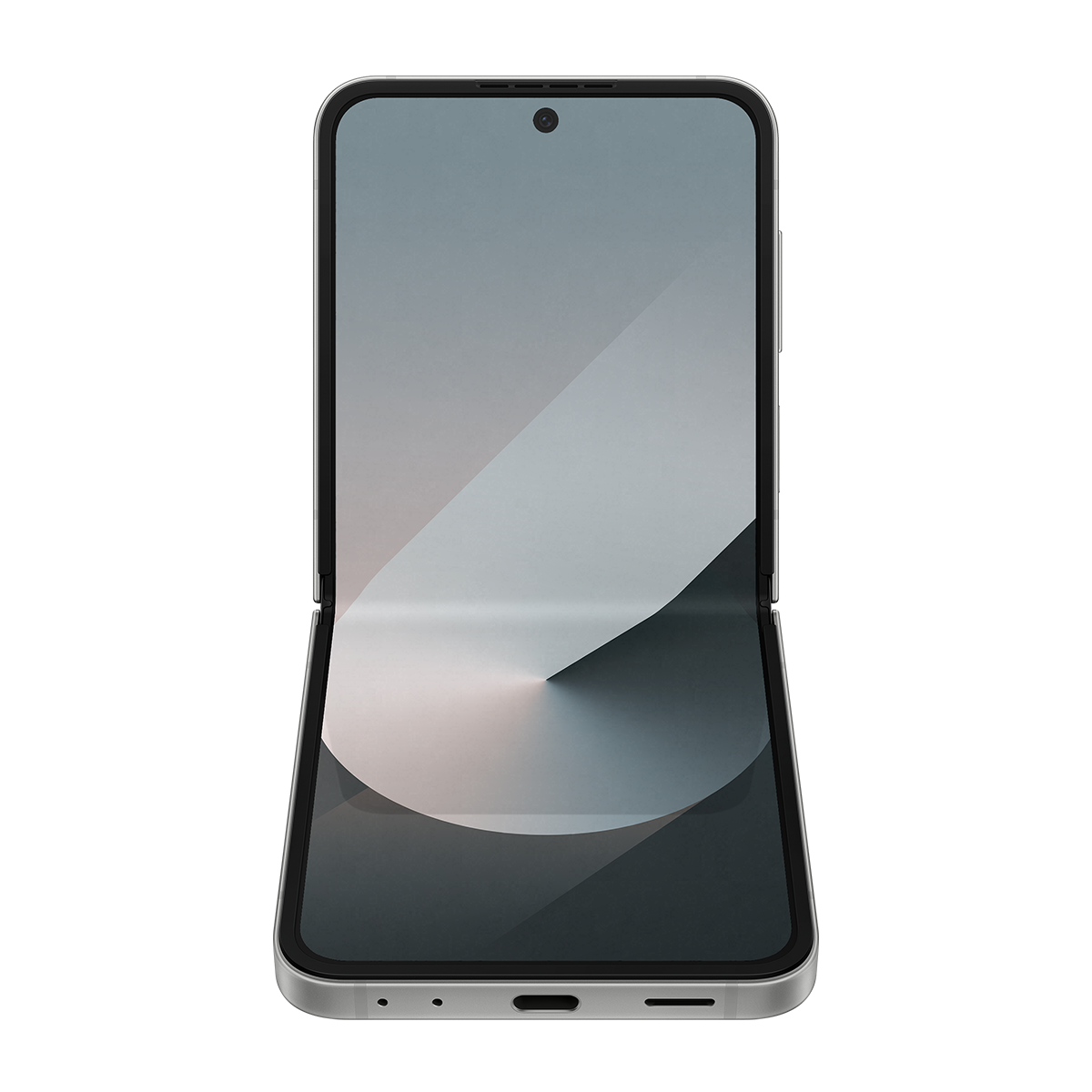 Gümüş renkli katlanabilir telefon, açık, açık renkli bir ekranla. Telefon siyah bir arka plana karşı.