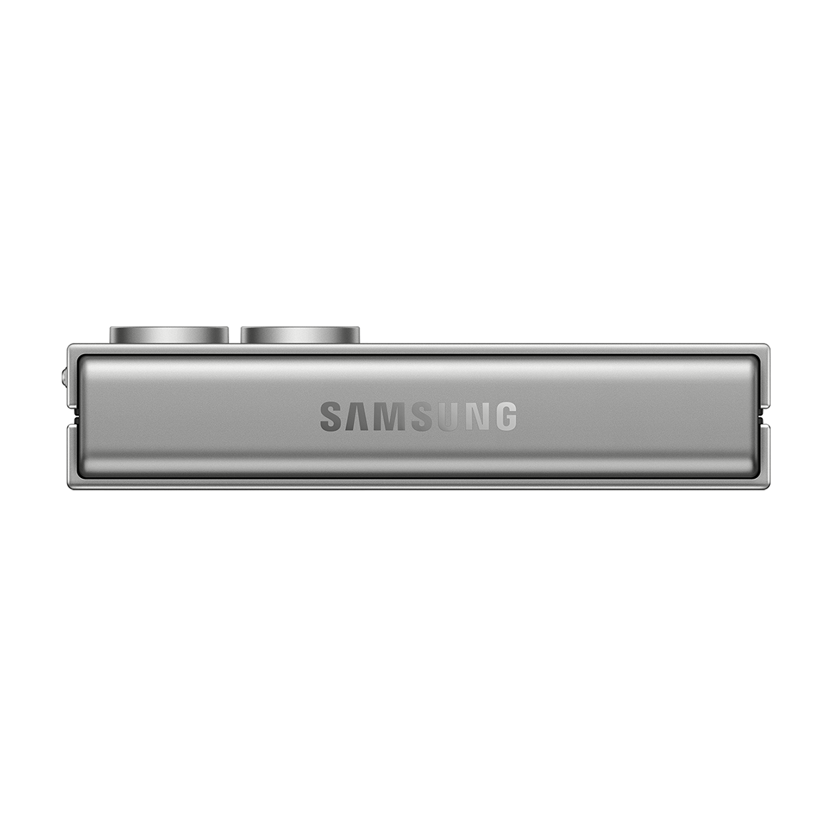 "SAMSUNG" kelimesinin üzerinde yazılı olduğu küçük gümüş bir cihaz, siyah bir arka plan üzerinde.