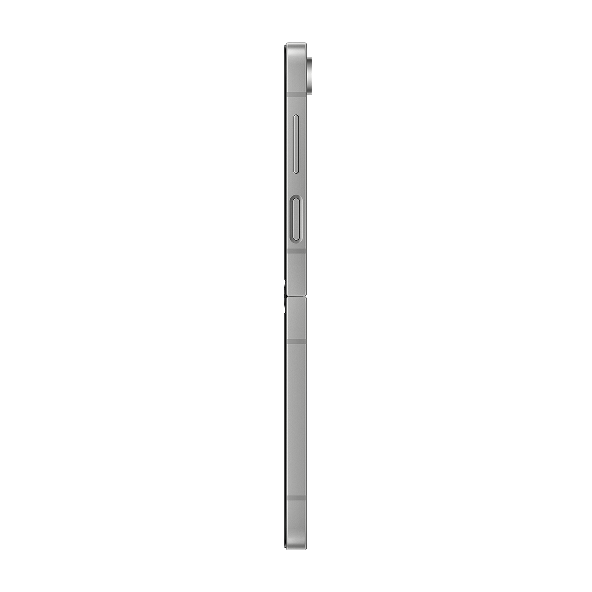 Gümüş renkli telefonun yan görünümü, kamera ve düğmeler siyah arka plan üzerinde.