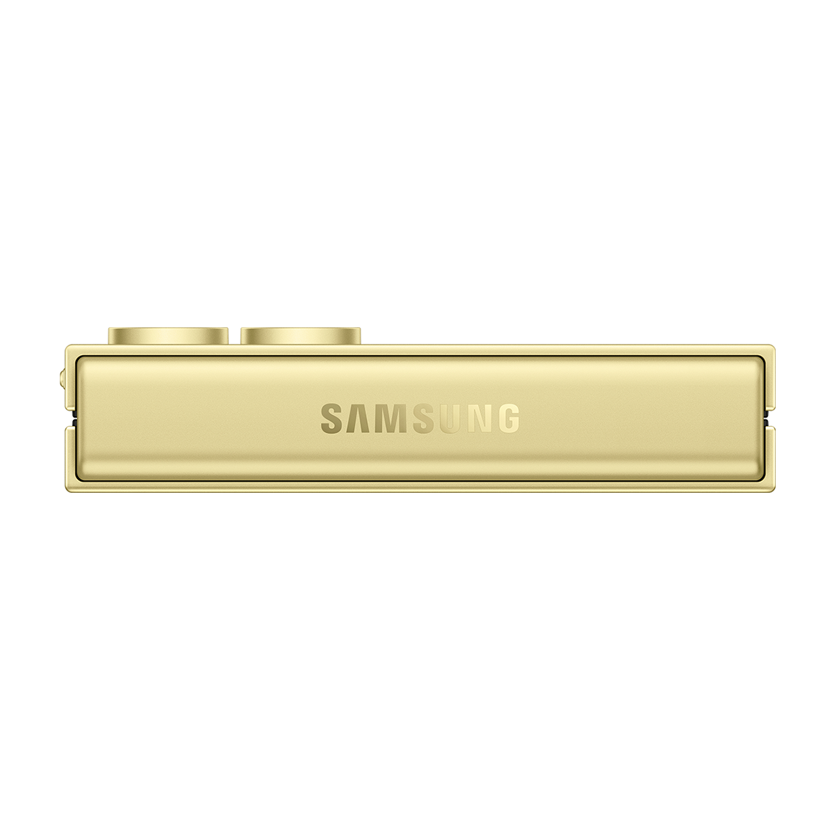 Samsung logosu bulunan altın renkli dikdörtgen cihaz. Siyah zemin.