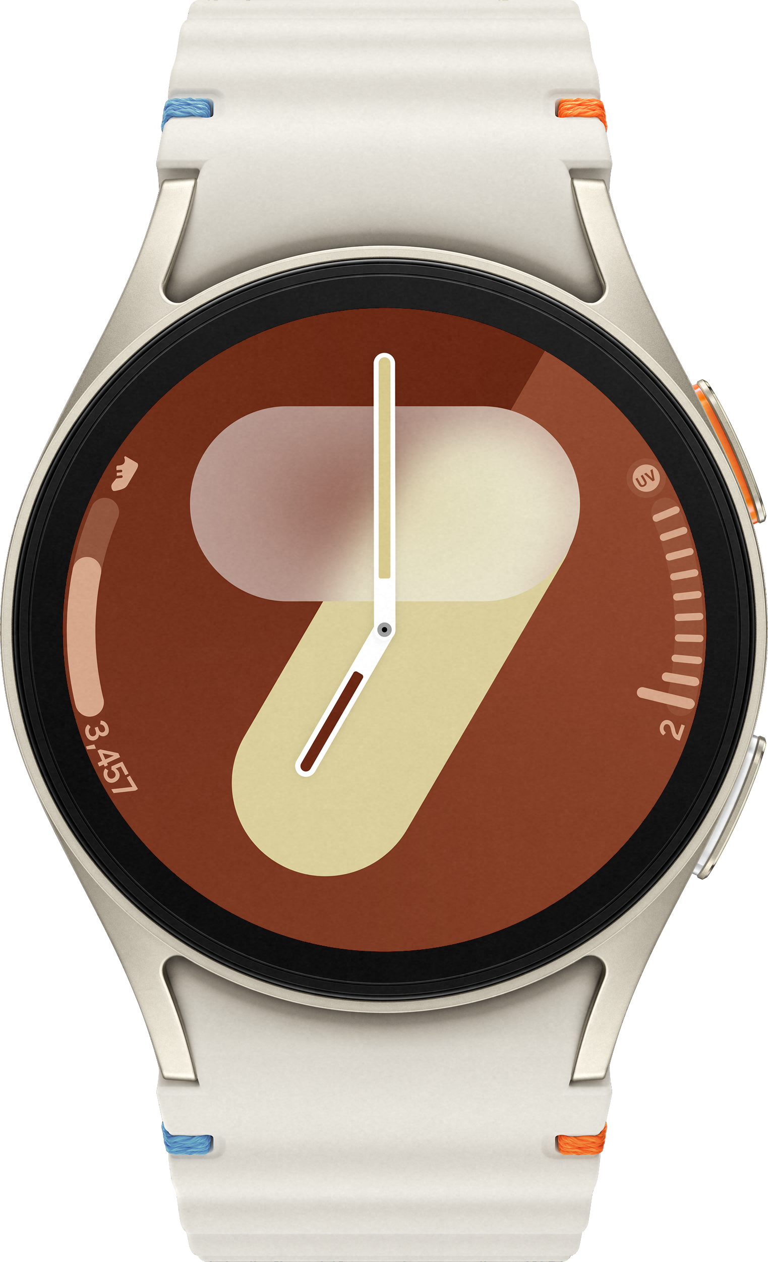Eine Smartwatch mit weißem Armband und braunem Zifferblatt. Schwarzer Hintergrund.