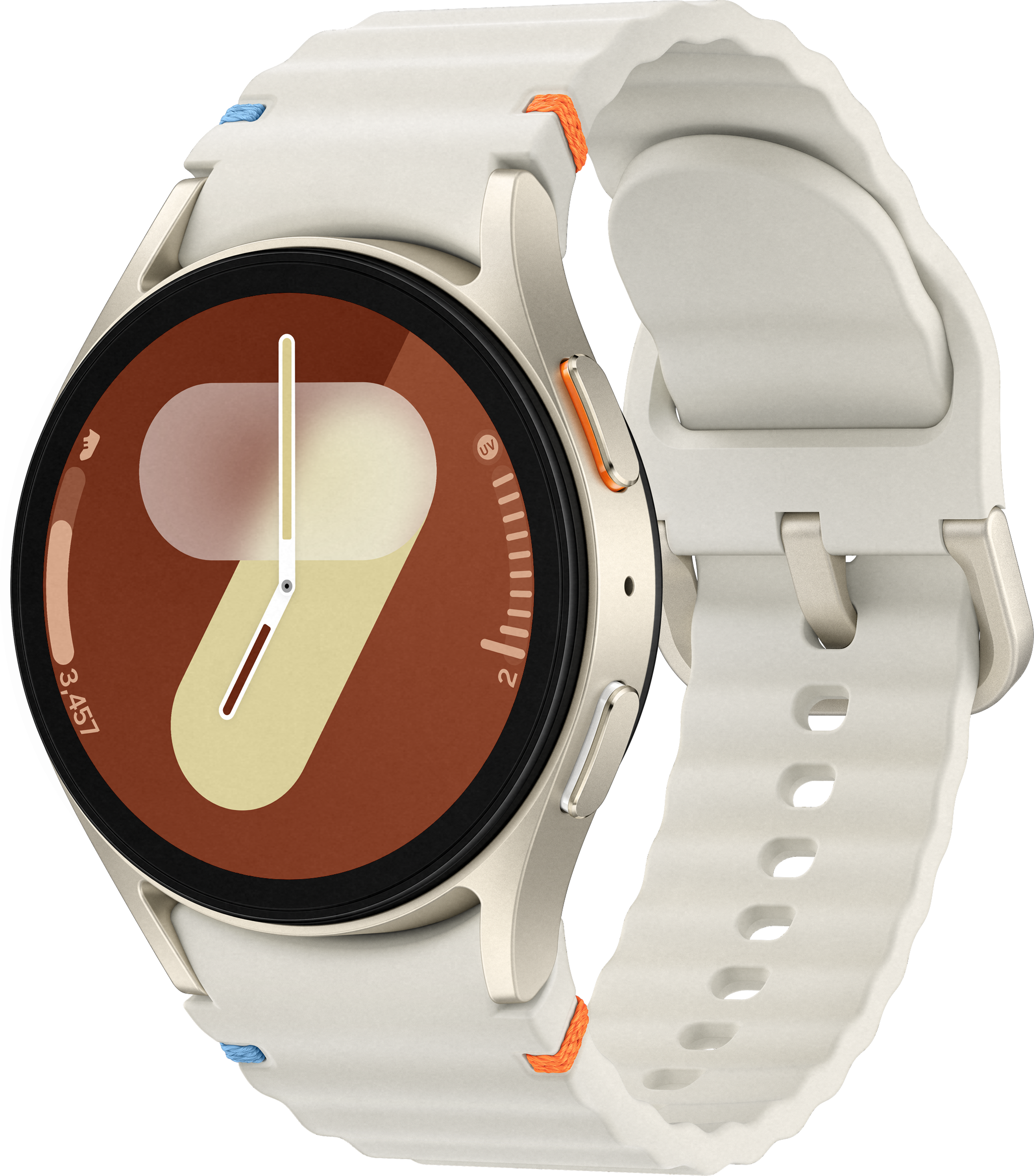Smartwatch auf Schwarz. Weißes Armband. Silbernes Gehäuse. Display zeigt Uhr. Orangefarbene und blaue Akzente.