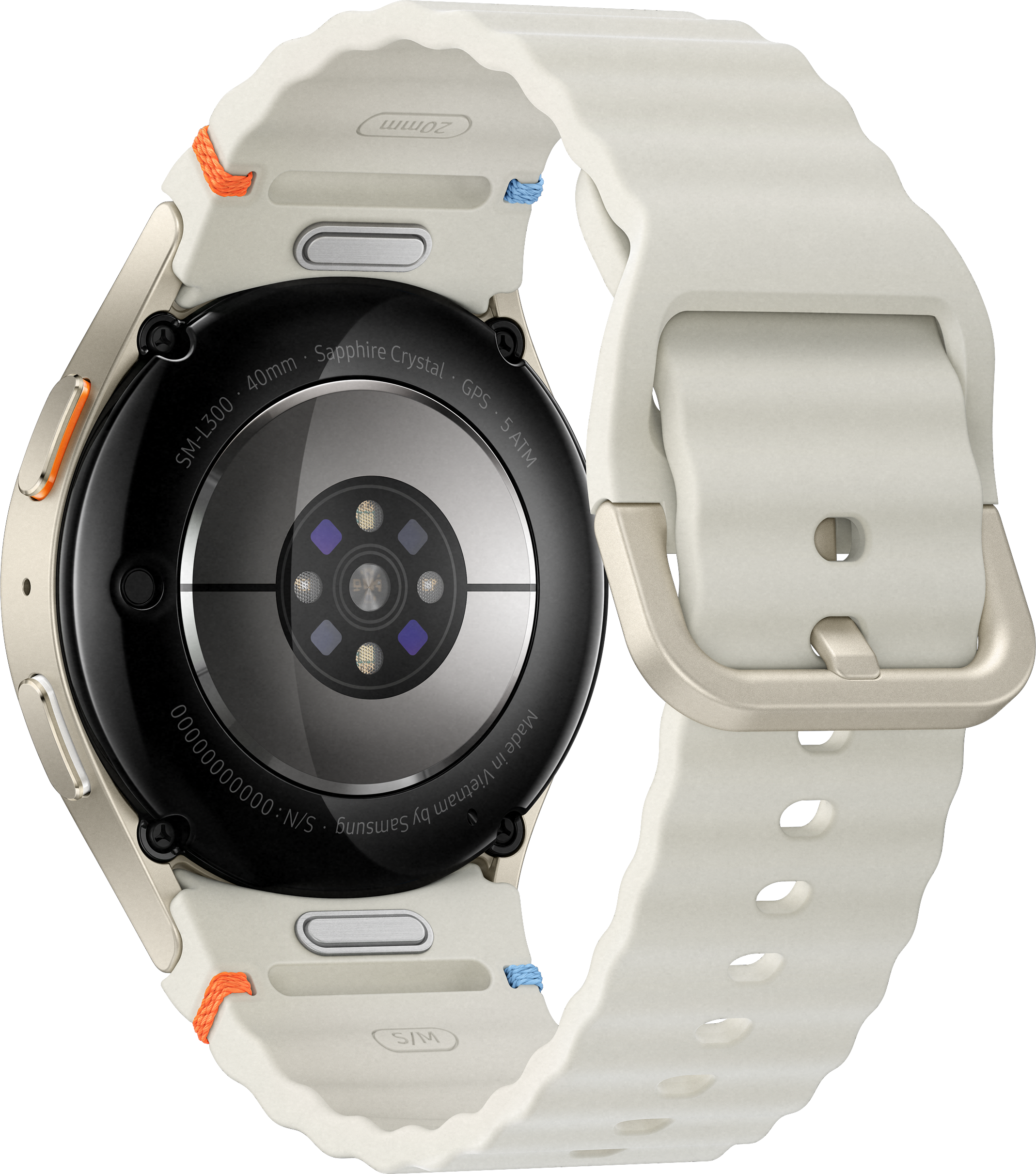 Rückseite einer cremefarbenen Smartwatch mit weißem Armband. Zeigt Sensoren und einen schwarzen Mittelbereich mit Text.