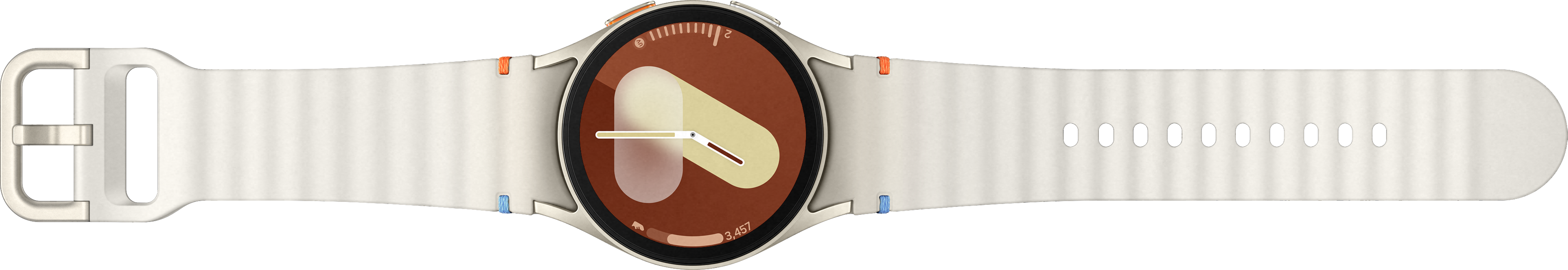 Eine Armbanduhr mit weißem Armband und braun-orangenem Zifferblatt.