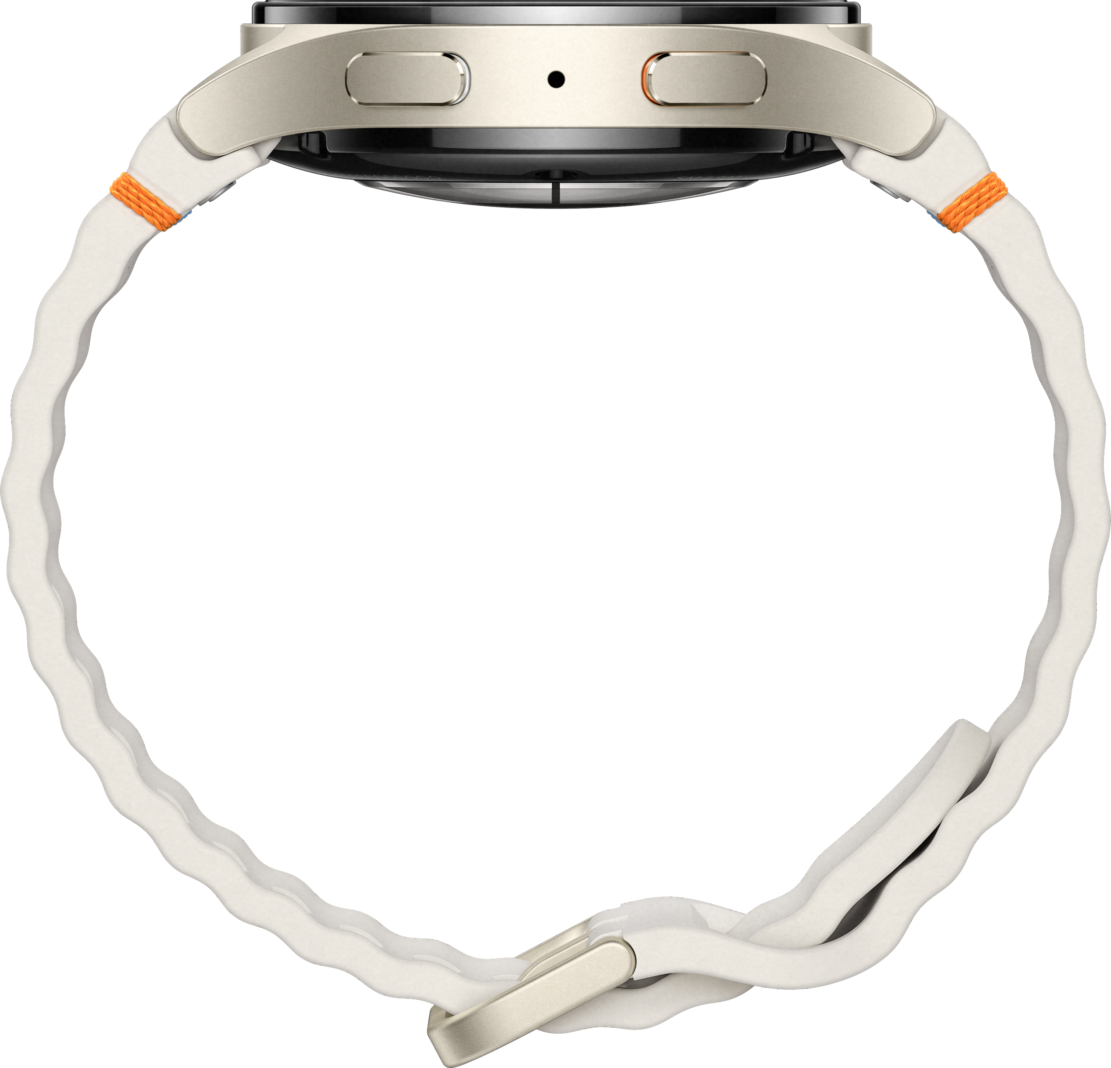 Seitenansicht einer Smartwatch mit cremefarbenem Armband und orangefarbenen Details. Das Zifferblatt ist schwarz.