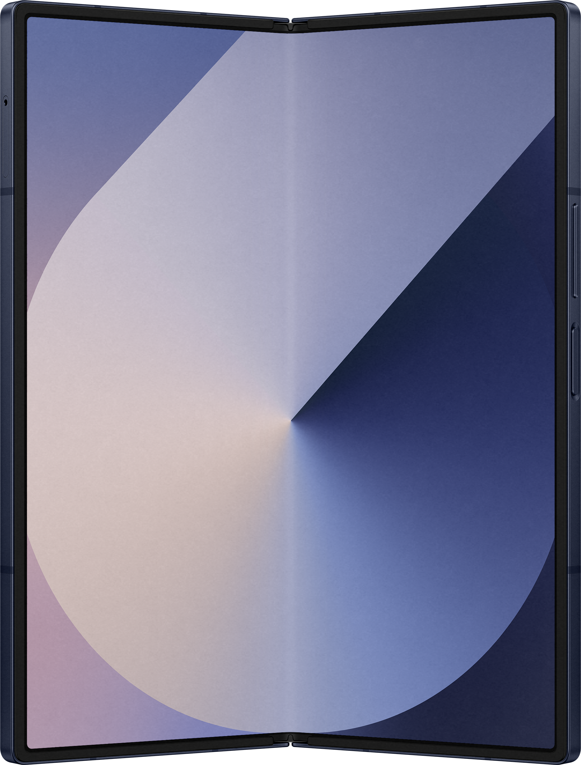 Tablet pieghevole aperto con schermo sfumato blu e viola.