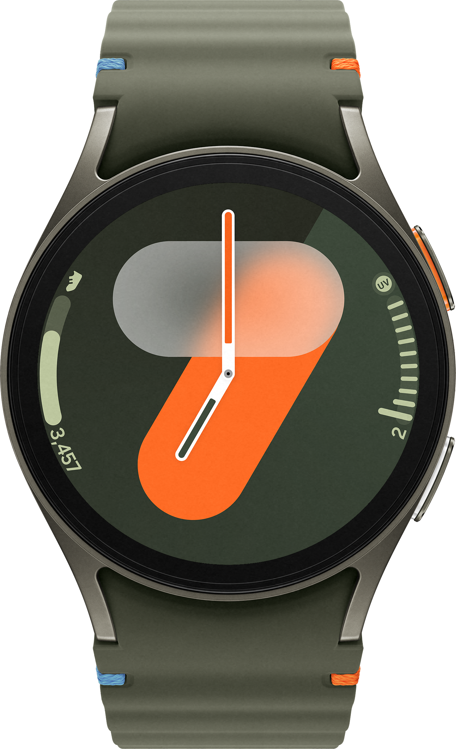 Smartwatch affichant l'heure et les statistiques sur fond vert.