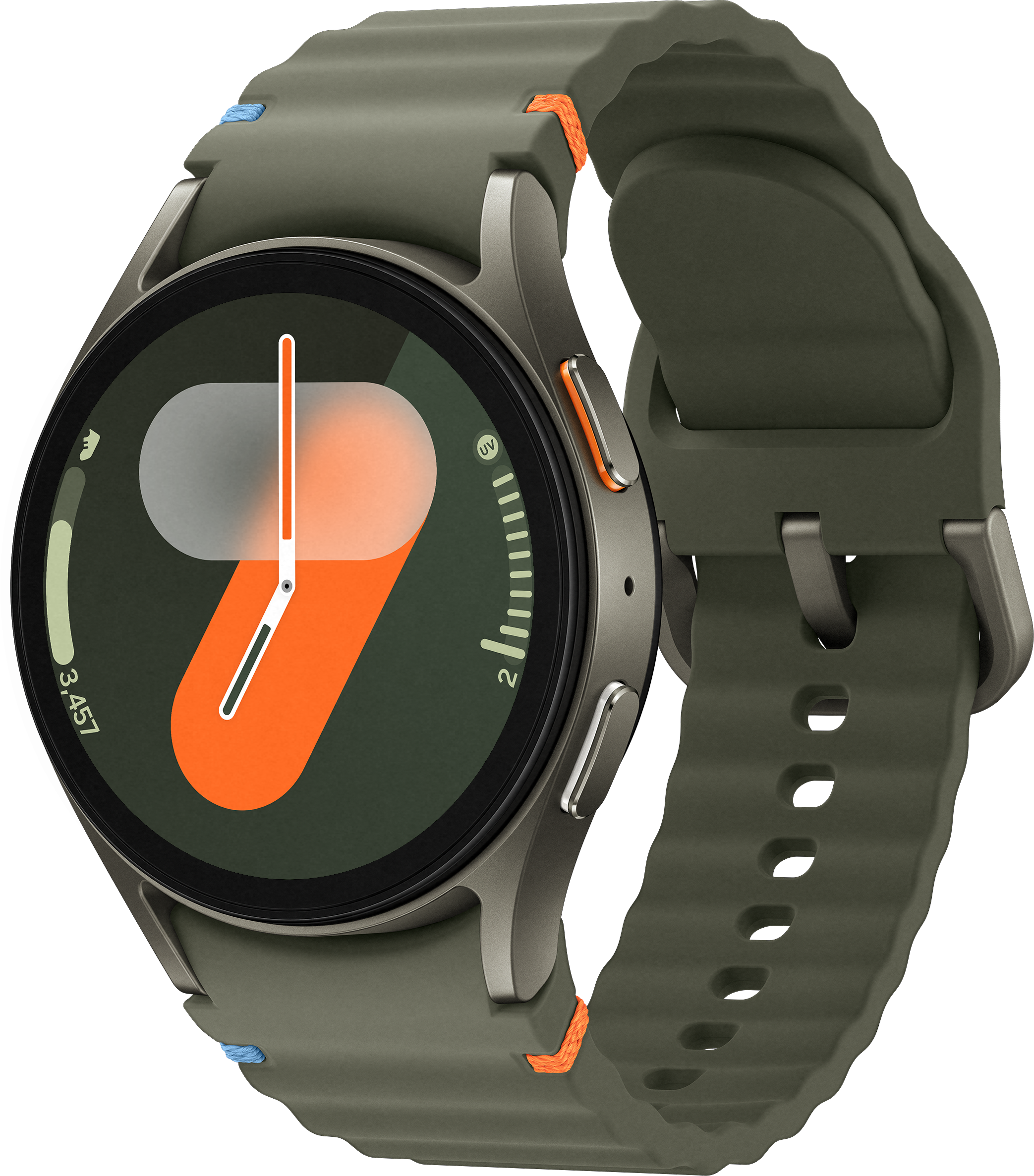 Montre connectée ronde avec bracelet vert, accents orange et affichage numérique de l'heure.