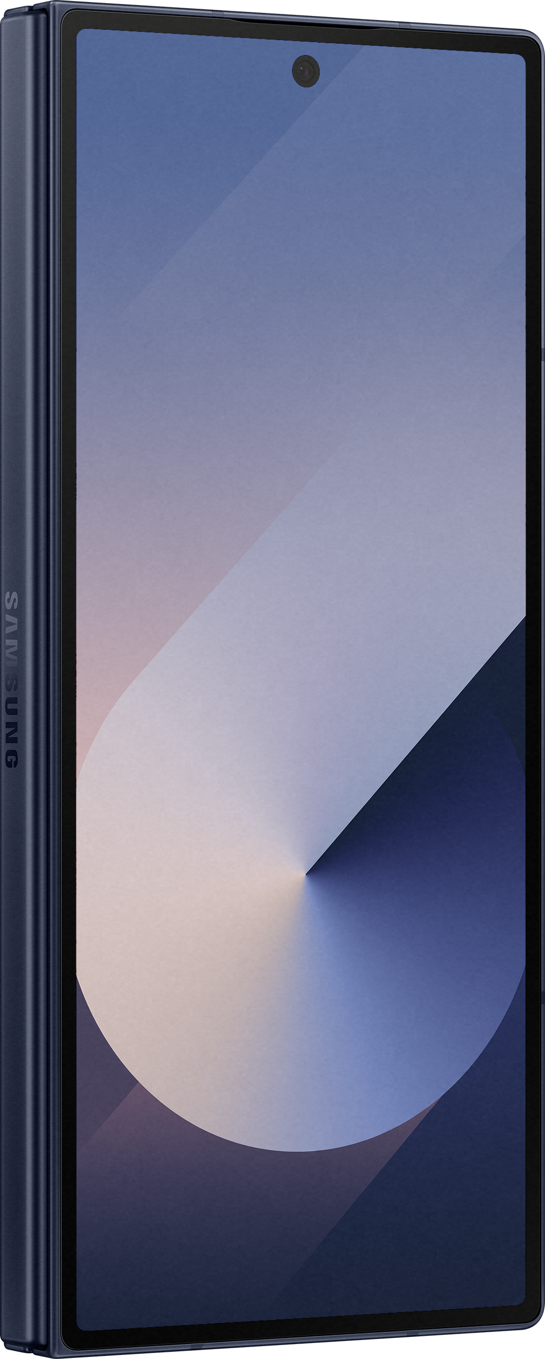 Smartphone blu pieghevole, chiuso. Logo Samsung visibile. Lo schermo mostra uno sfondo sfumato.