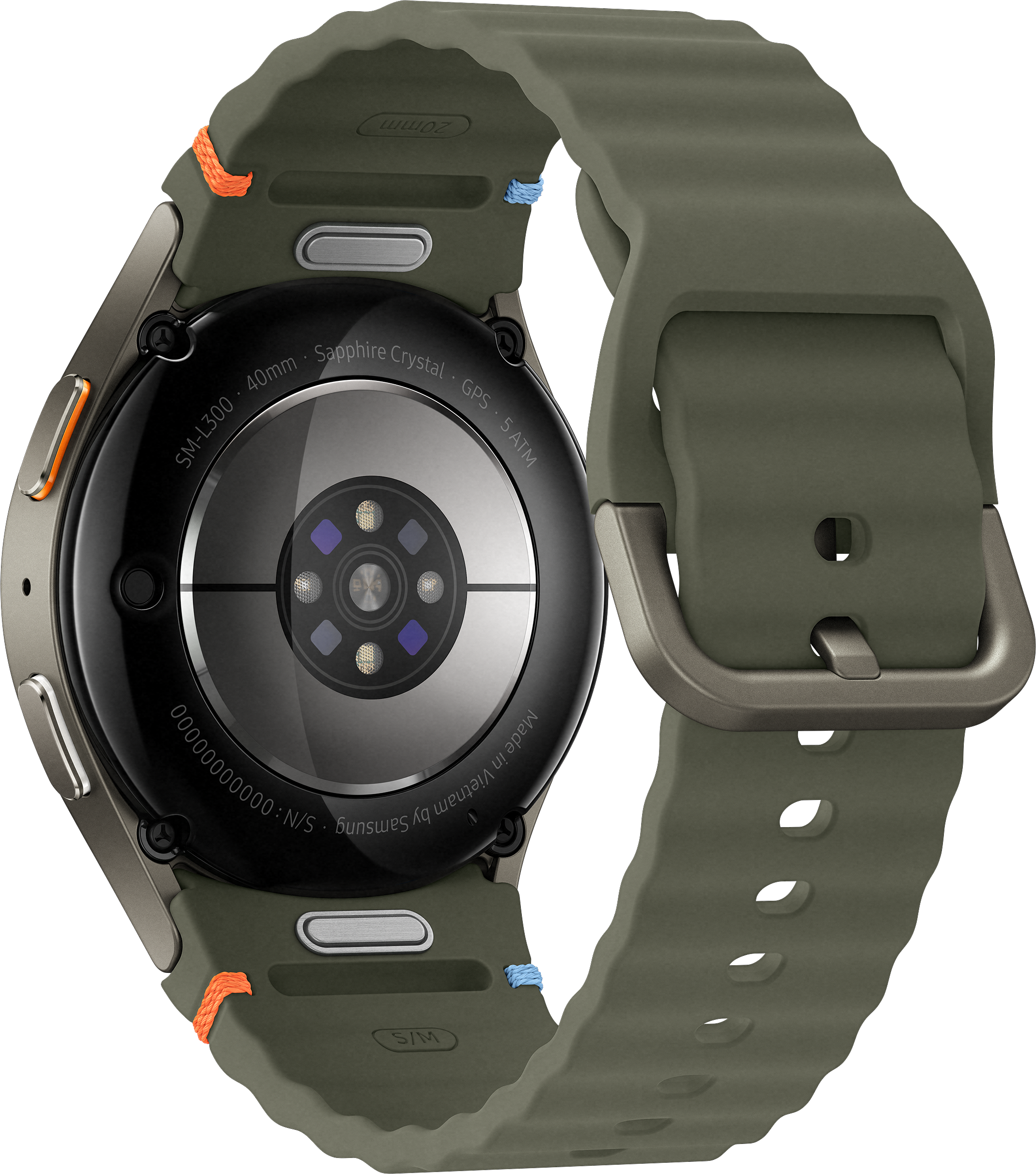Montre Samsung, vue arrière, avec bracelet vert, sur fond noir.