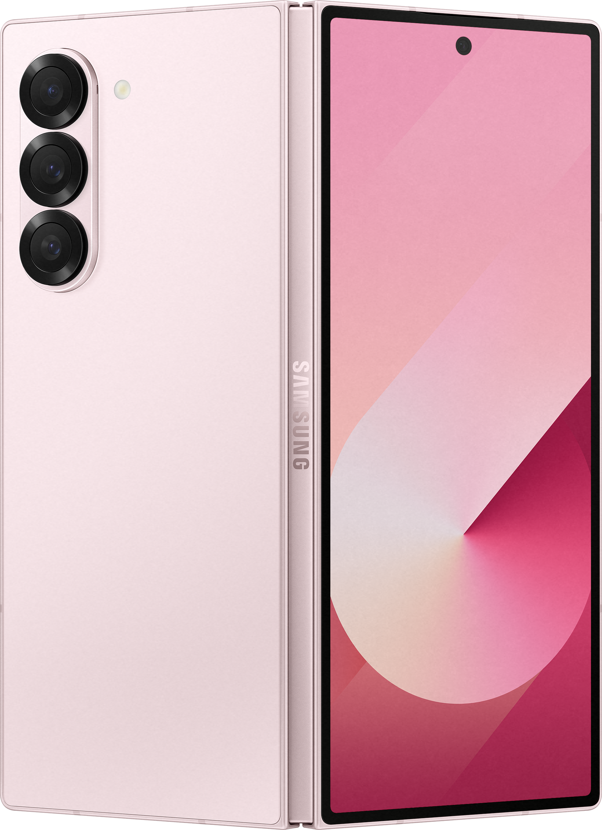 Smartphone Samsung Galaxy Z Fold rosa, parzialmente aperto, con tre fotocamere posteriori visibili.