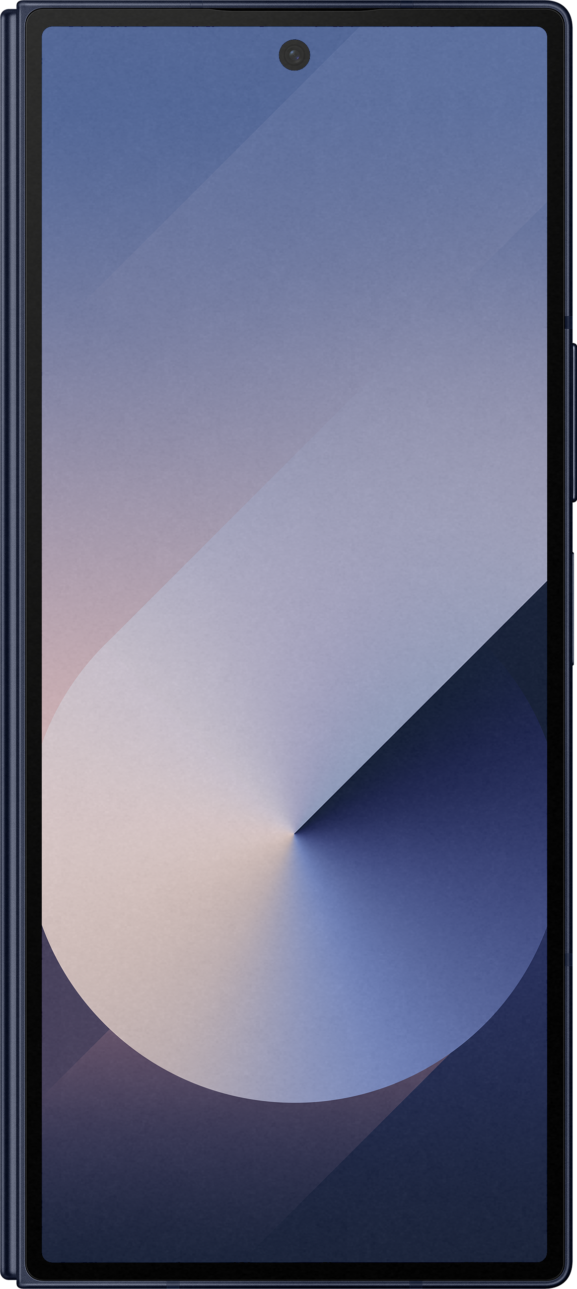 Un telefono blu scuro Samsung Galaxy Z Fold è in posizione verticale. Lo schermo mostra un design blu e bianco.
