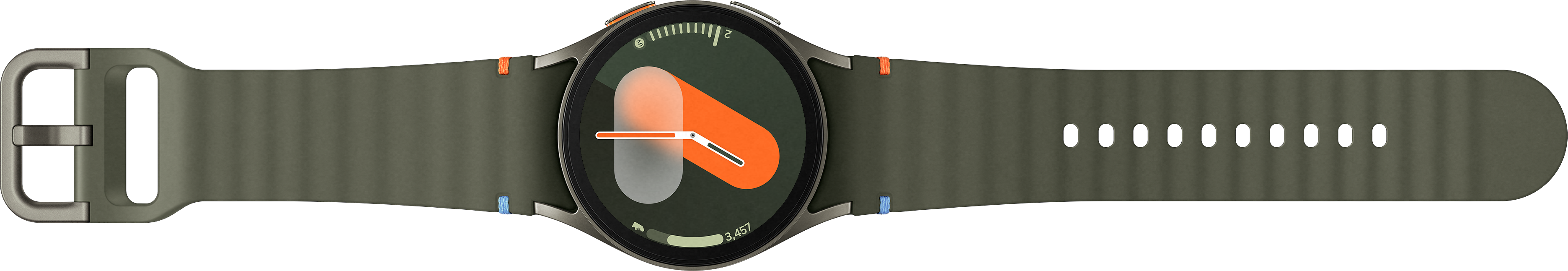 Une montre avec un bracelet vert et des détails orange sur le cadran. Fond noir.